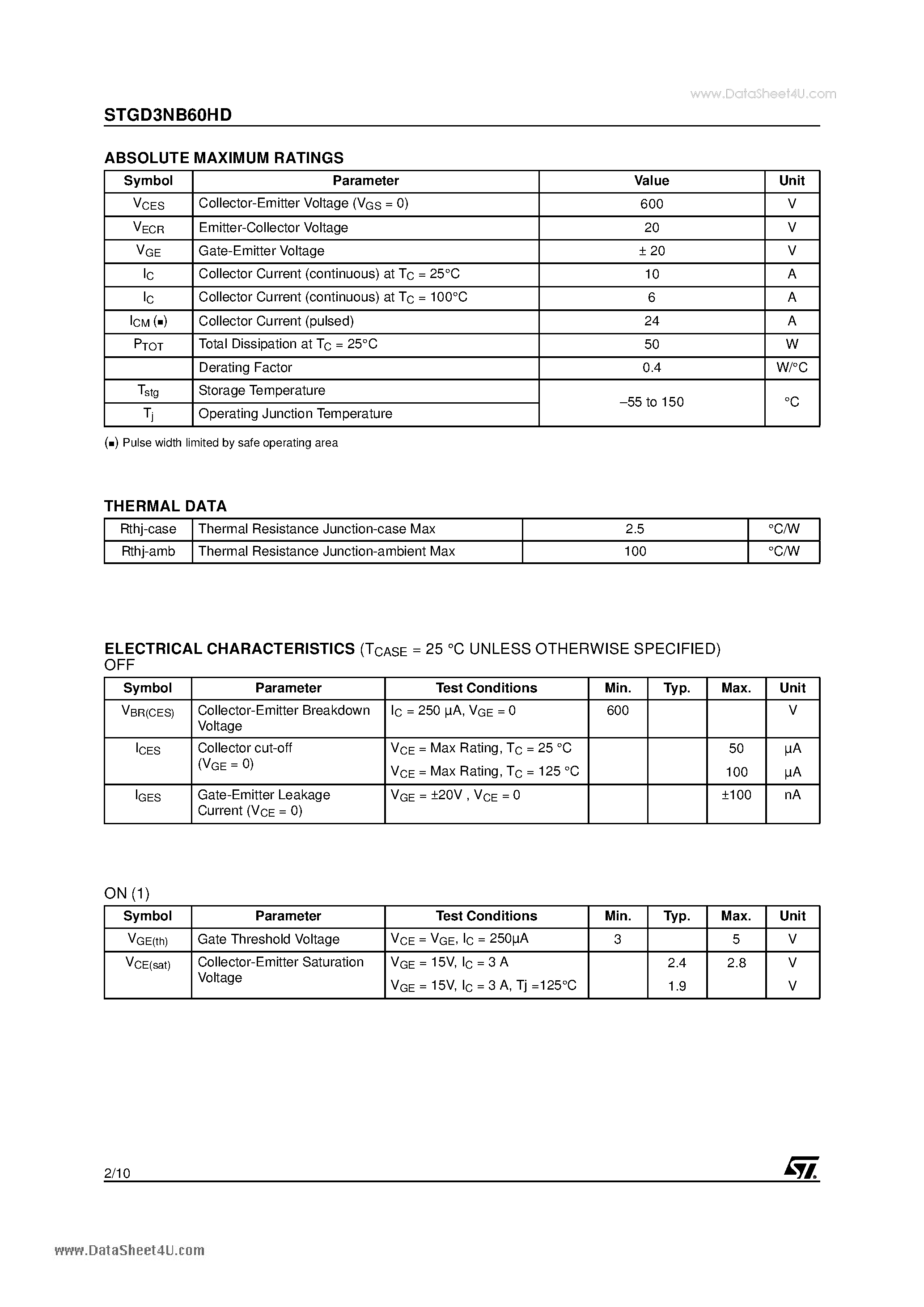 Datasheet STGD3NB60HD page 2 Datasheet STGD3NB60HD - N-CHANNEL 6A - 600V - DPAK PowerMESH IGBT page 2