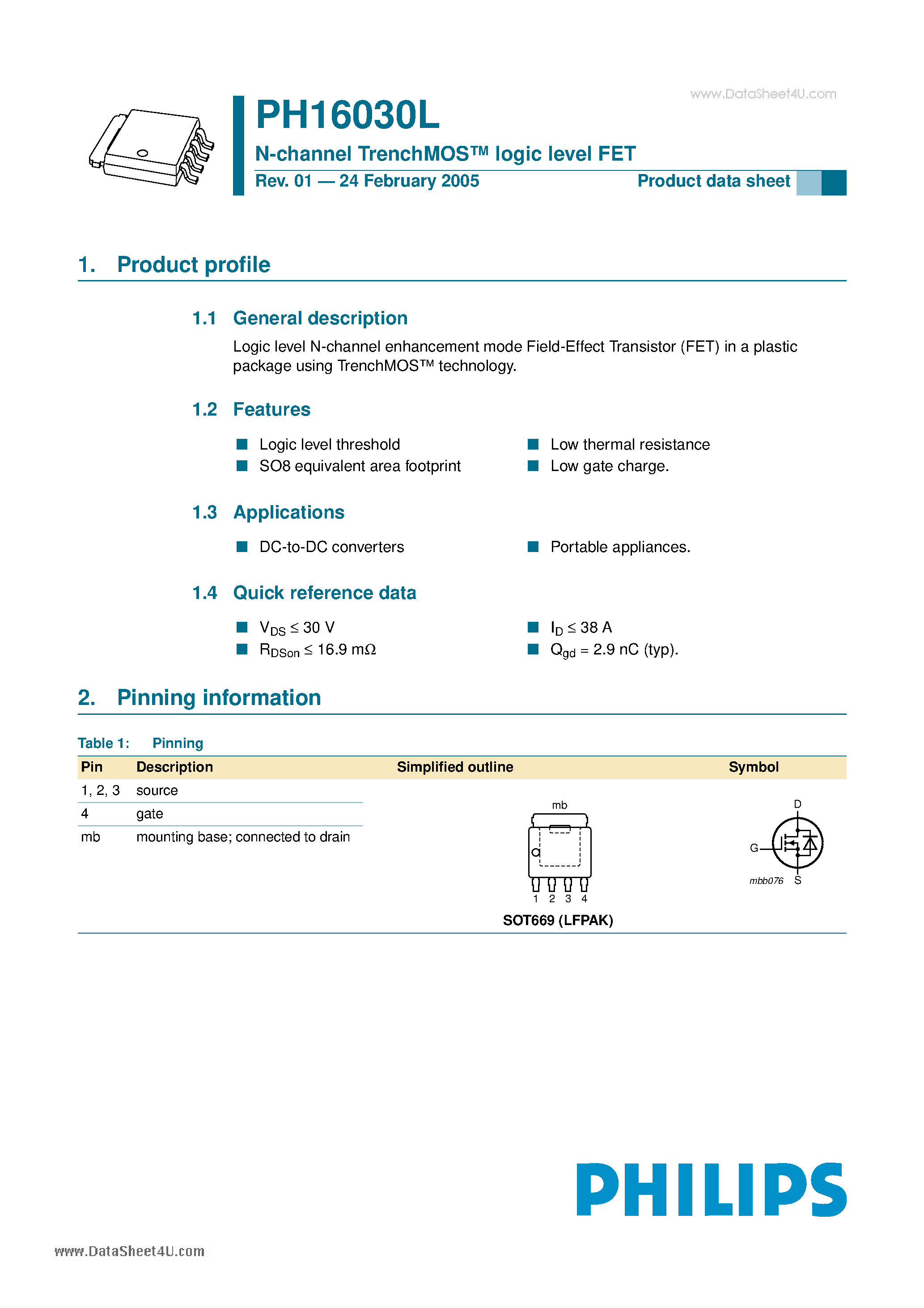 Datasheet PH16030L - N-channel TrenchMOS-TM logic level FET page 1