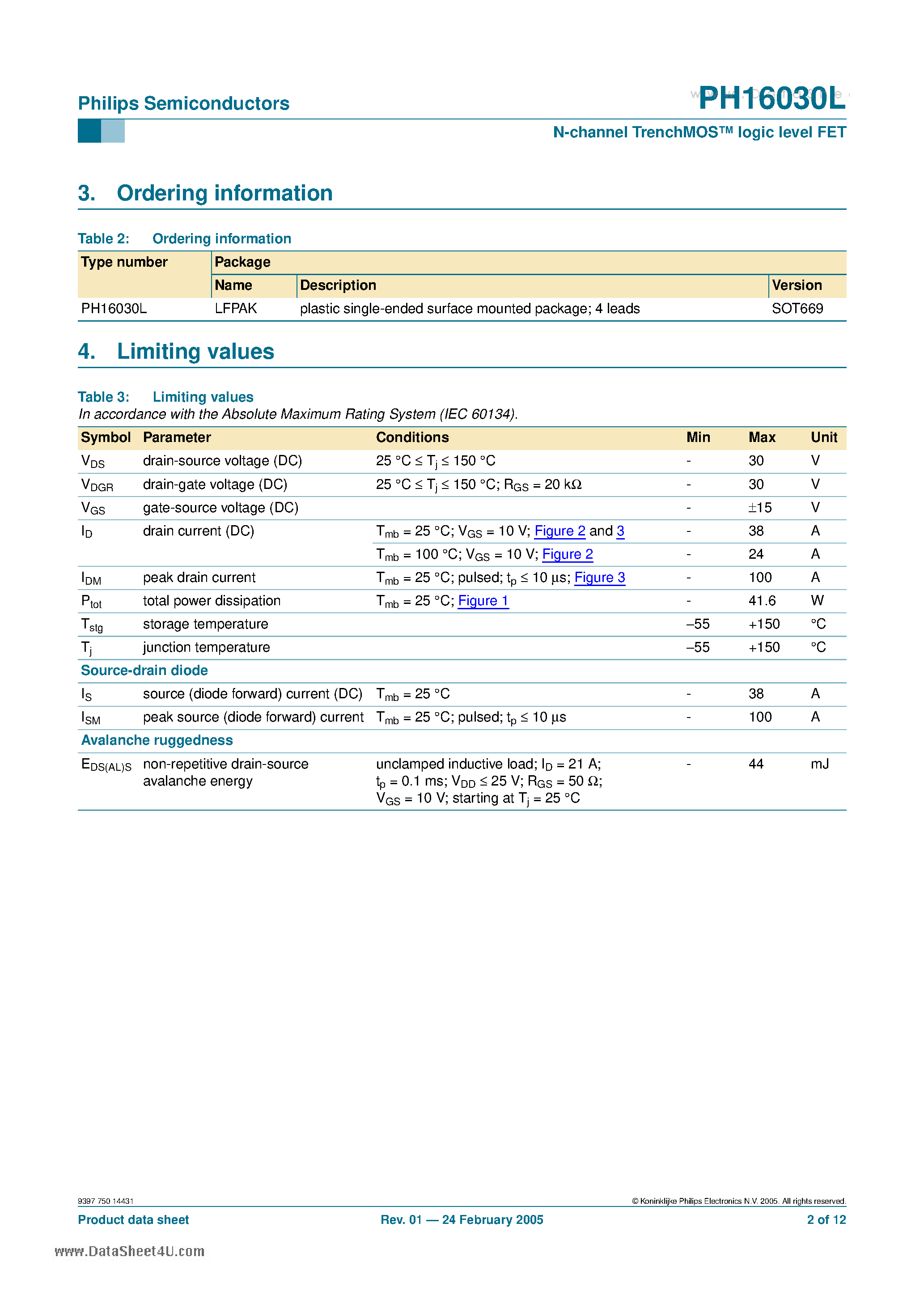 Datasheet PH16030L - N-channel TrenchMOS-TM logic level FET page 2