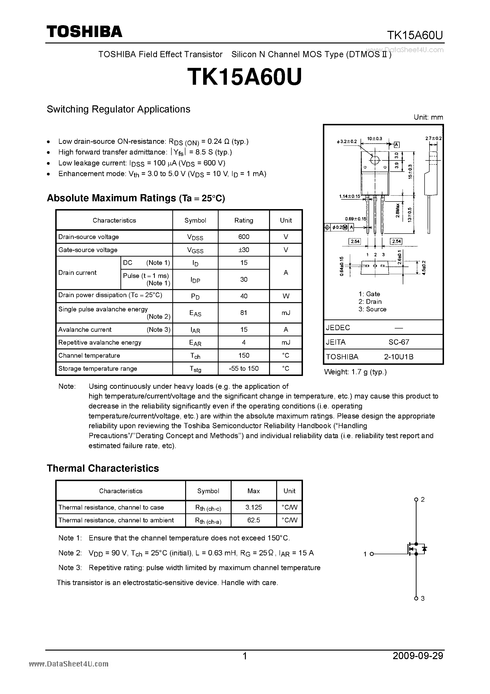 Datasheet TK15A60U - Field Effect Transistor Silicon N Channel MOS Type page 1