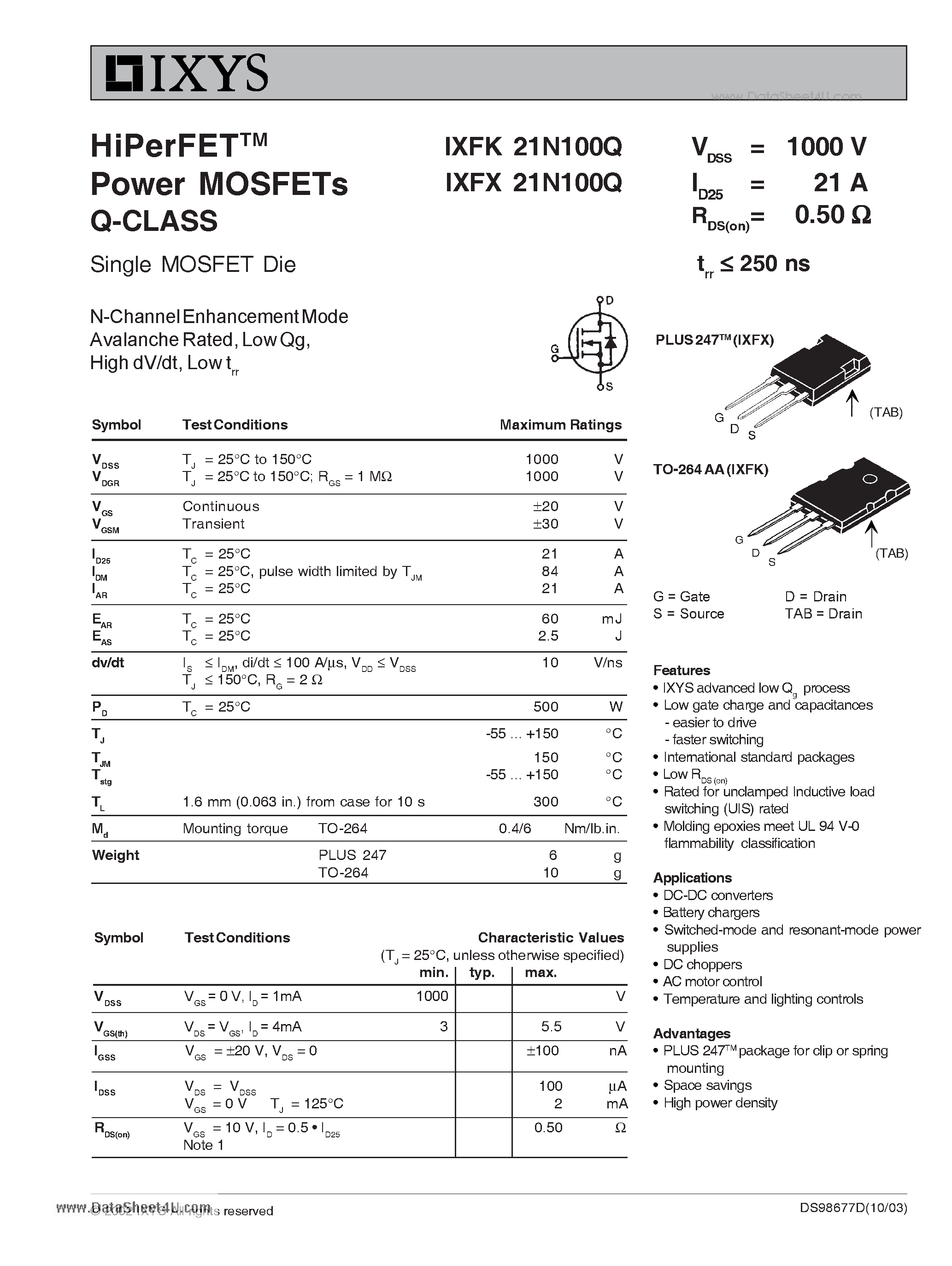 Даташит на микросхему IXFK21N100Q страница 1 Даташит IXFK21N100Q - HiPerFET Power MOSFETs Q-CLASS страница 1