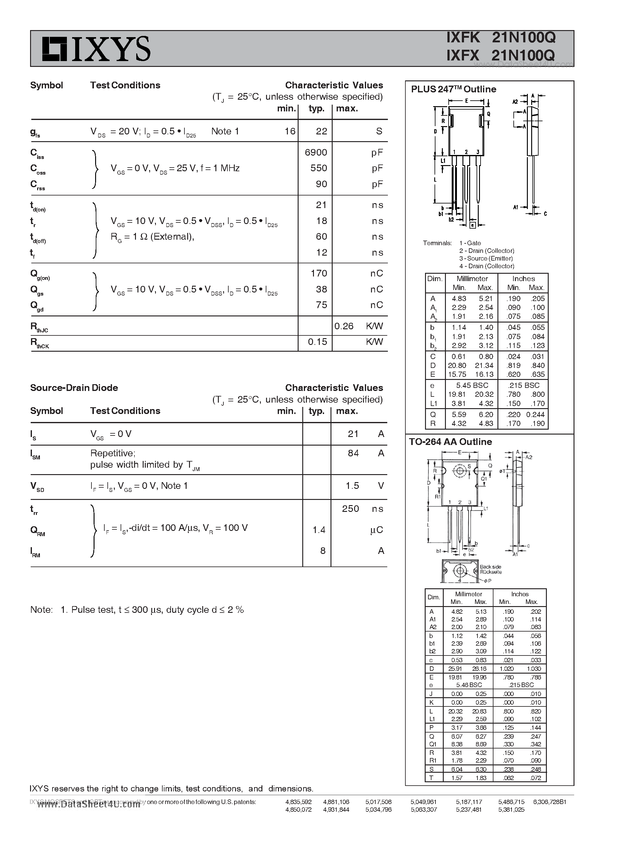 Даташит на микросхему IXFK21N100Q страница 2 Даташит IXFK21N100Q - HiPerFET Power MOSFETs Q-CLASS страница 2