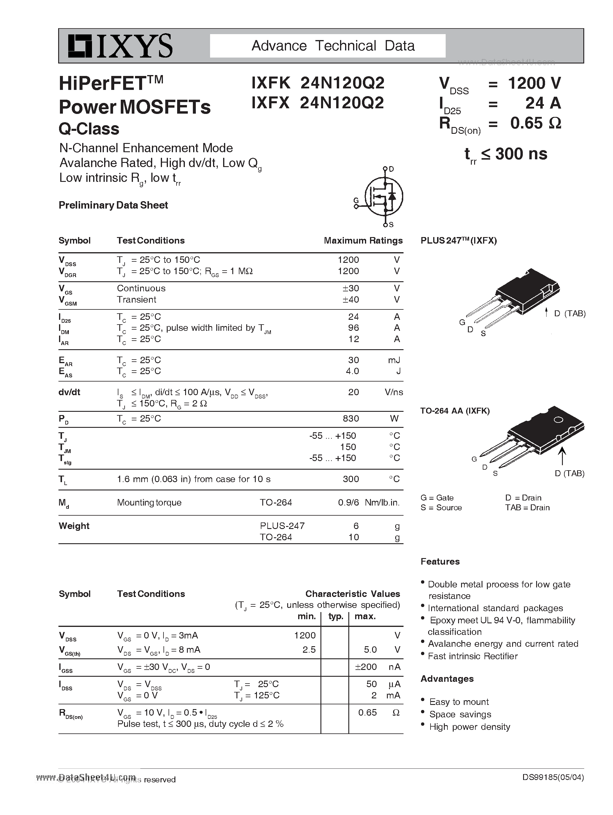 Datasheet IXFK24N120Q2 page 1 Datasheet IXFK24N120Q2 - HiPerFET Power MOSFETs Q-Class page 1