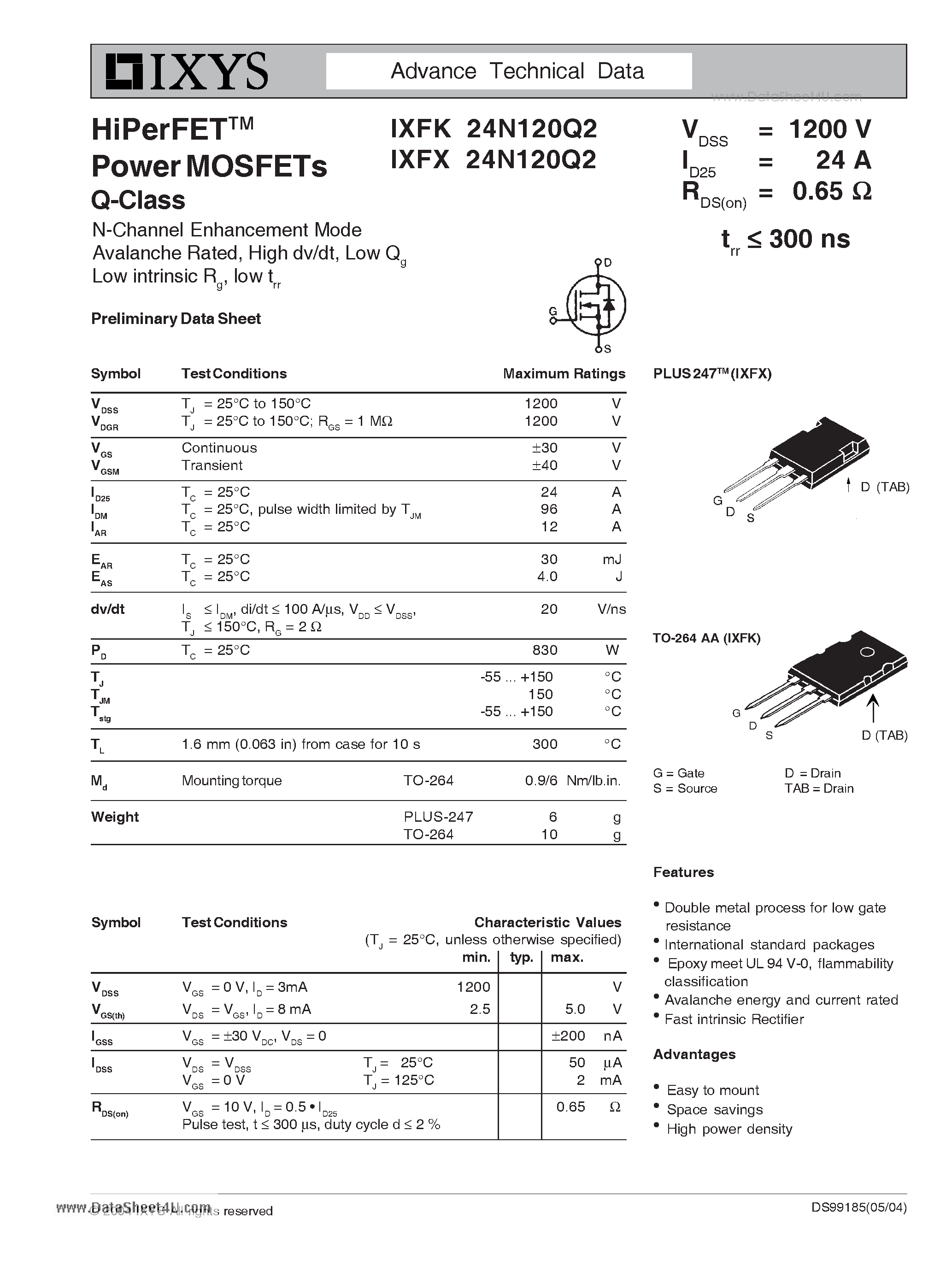 Даташит IXFK24N120Q2 - HiPerFET Power MOSFETs Q-Class страница 1