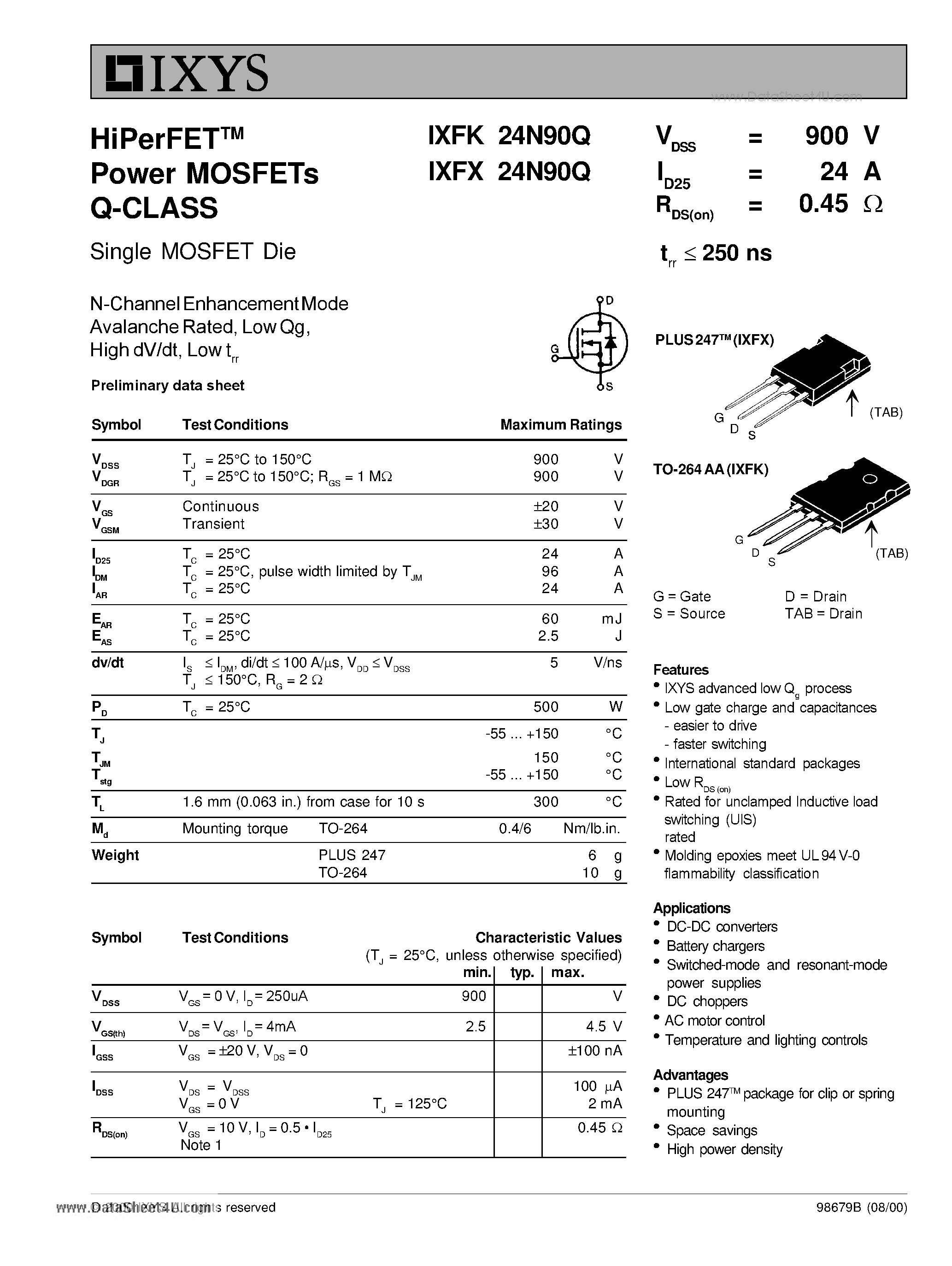 Datasheet IXFK24N90Q page 1 Datasheet IXFK24N90Q - HiPerFET Power MOSFETs Q-Class page 1