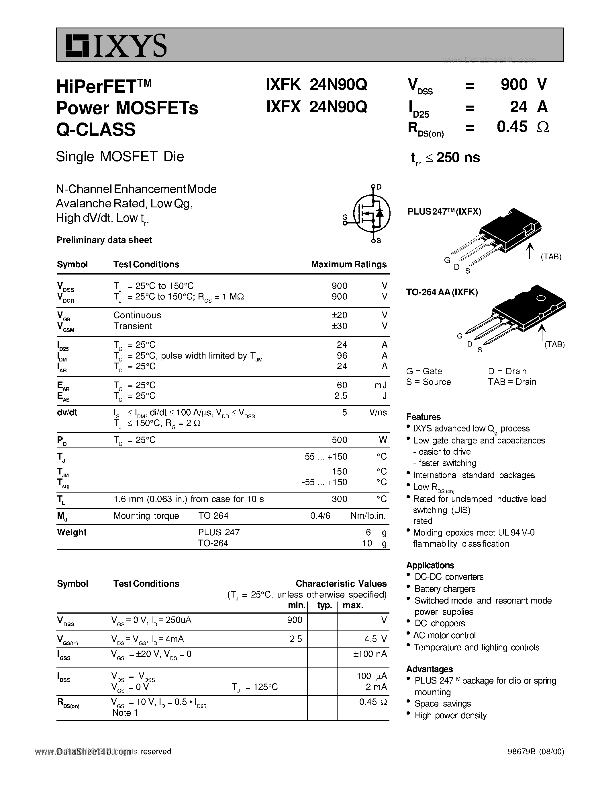 Даташит IXFK24N90Q - HiPerFET Power MOSFETs Q-Class страница 1