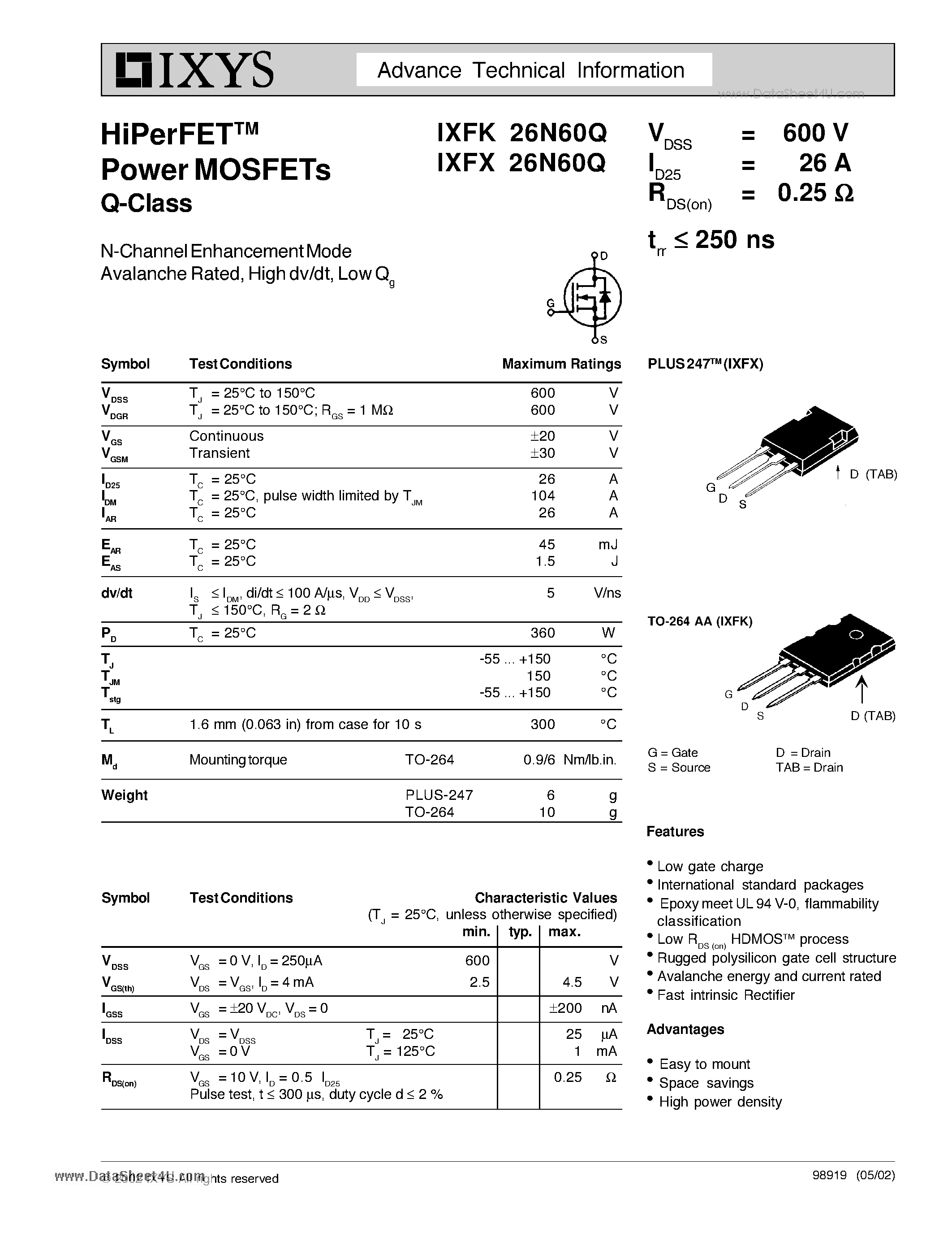 Даташит IXFK26N60Q - HiPerFET Power MOSFETs Q-Class страница 1