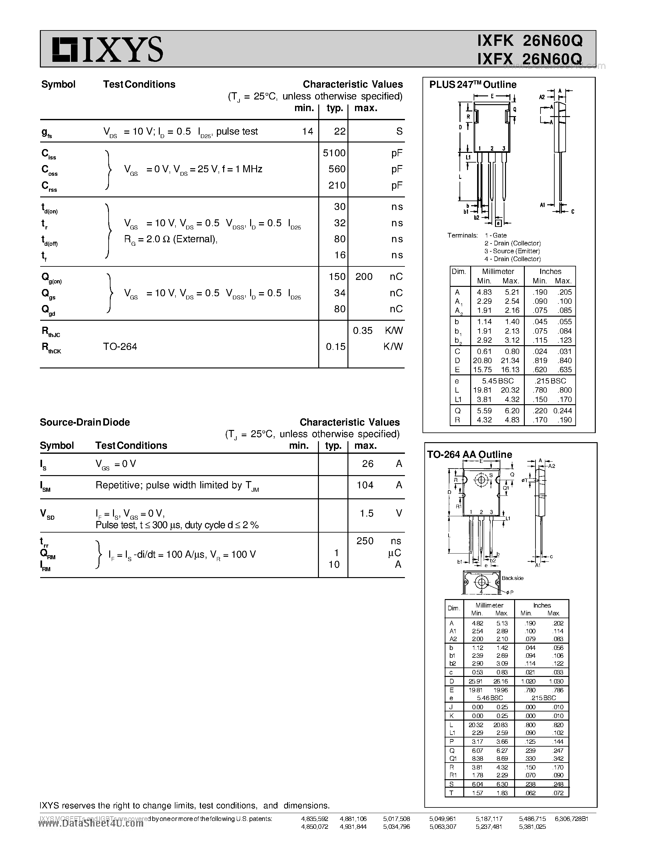 Даташит IXFK26N60Q - HiPerFET Power MOSFETs Q-Class страница 2
