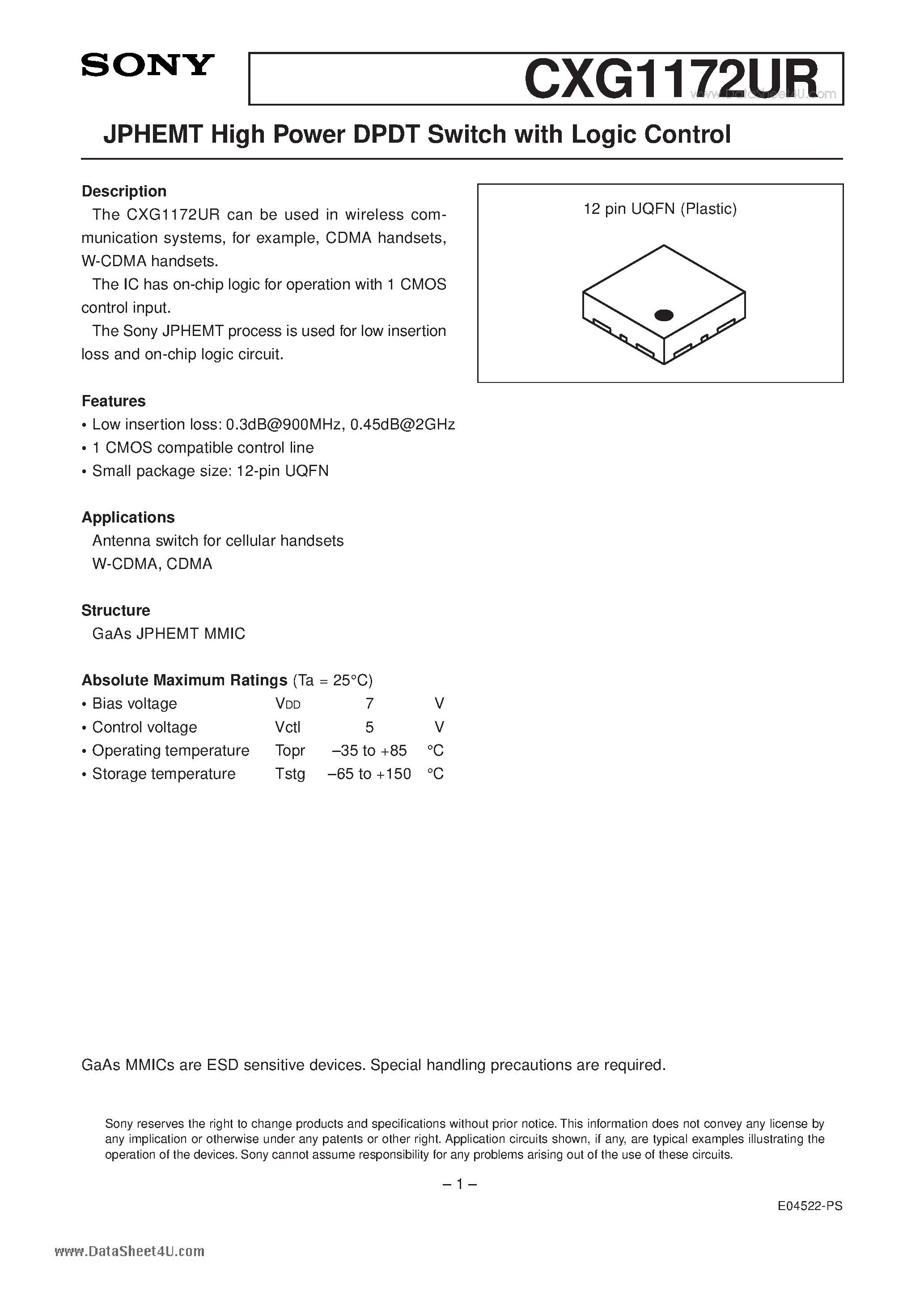 Даташит на микросхему CXG1172UR страница 1 Даташит CXG1172UR - JPHEMT High Power DPDT Switch with Logic Control страница 1