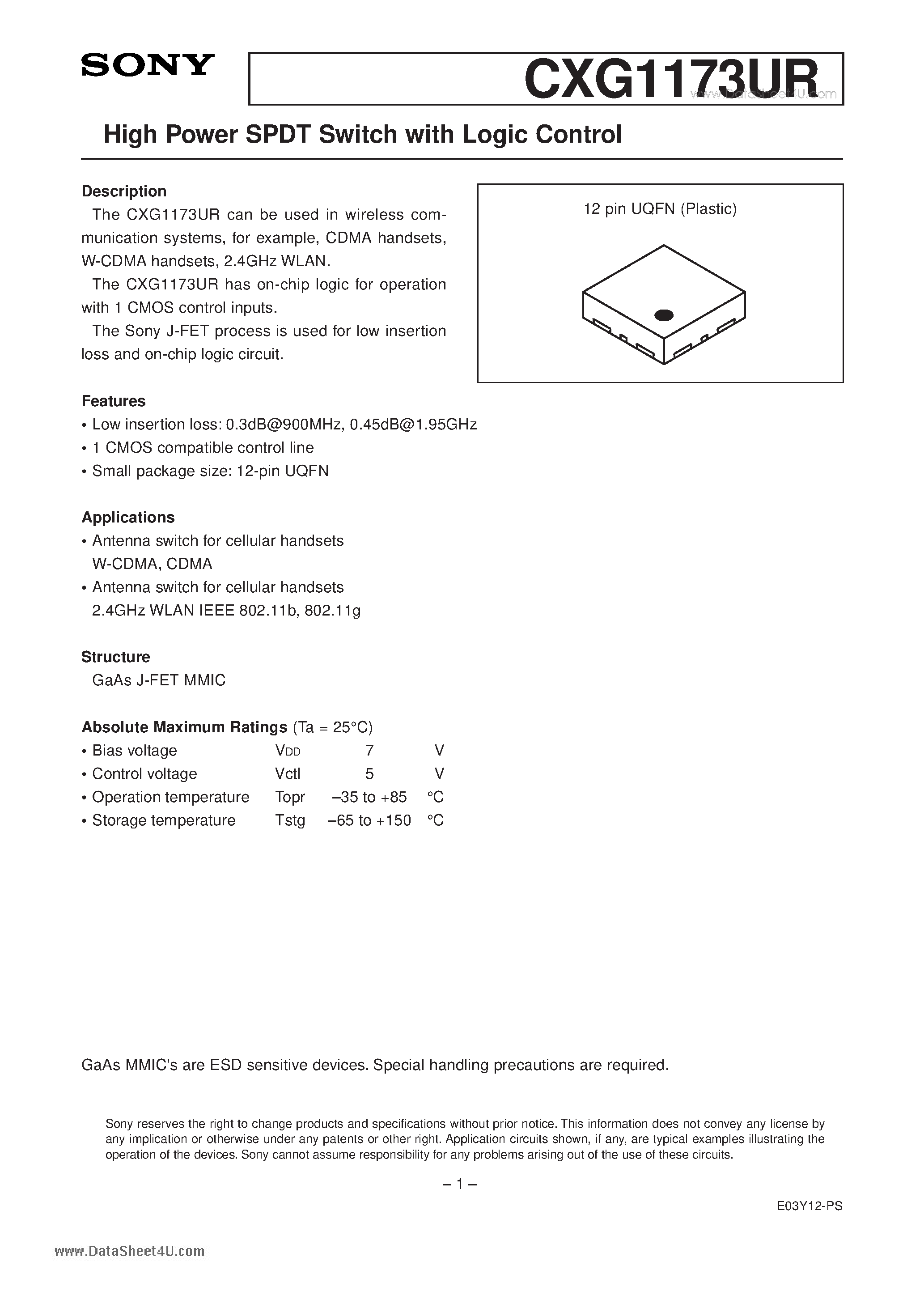Даташит на микросхему CXG1173UR страница 1 Даташит CXG1173UR - High Power SPDT Switch with Logic Control страница 1