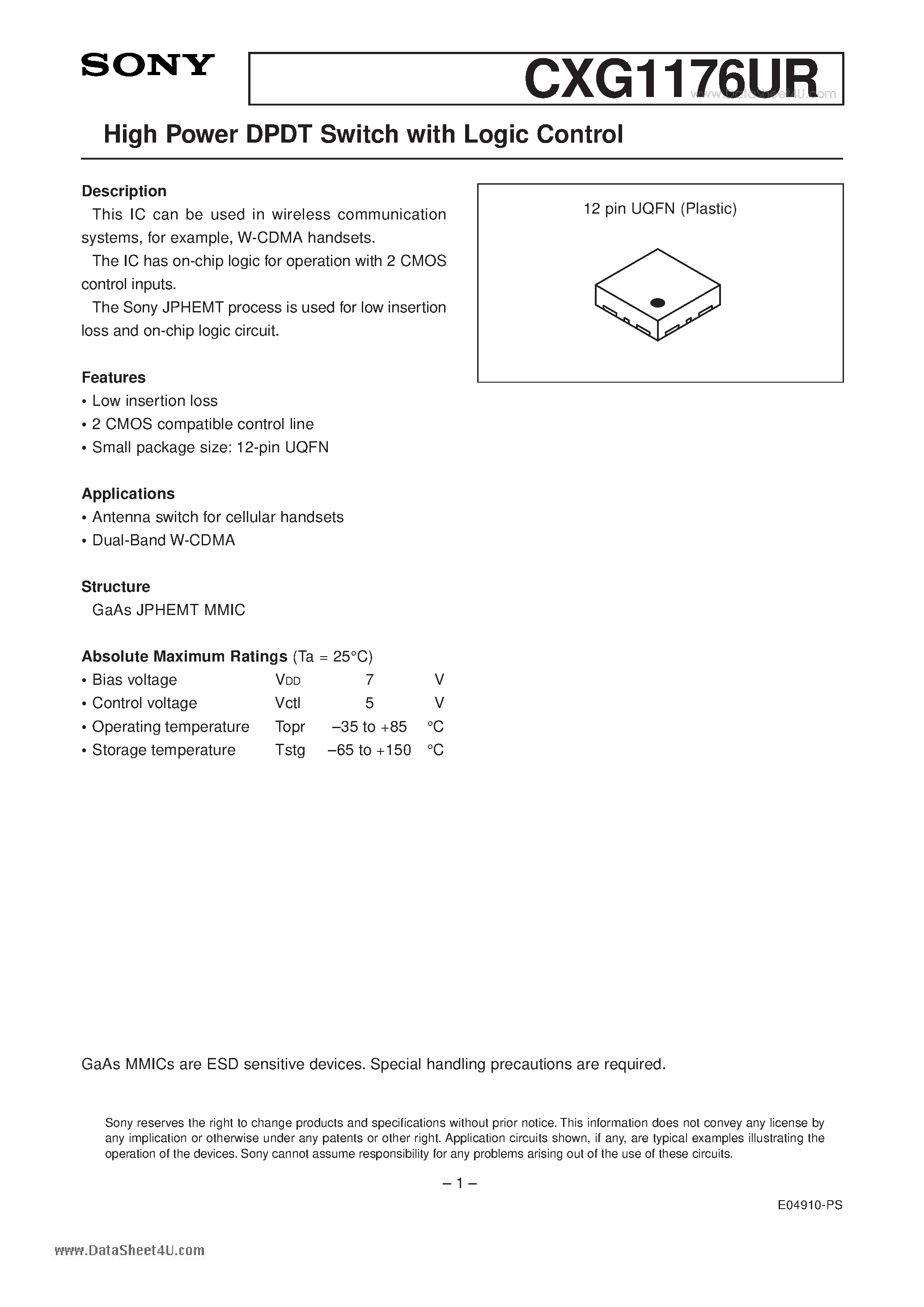Даташит на микросхему CXG1176UR страница 1 Даташит CXG1176UR - High Power DPDT Switch with Logic Control страница 1