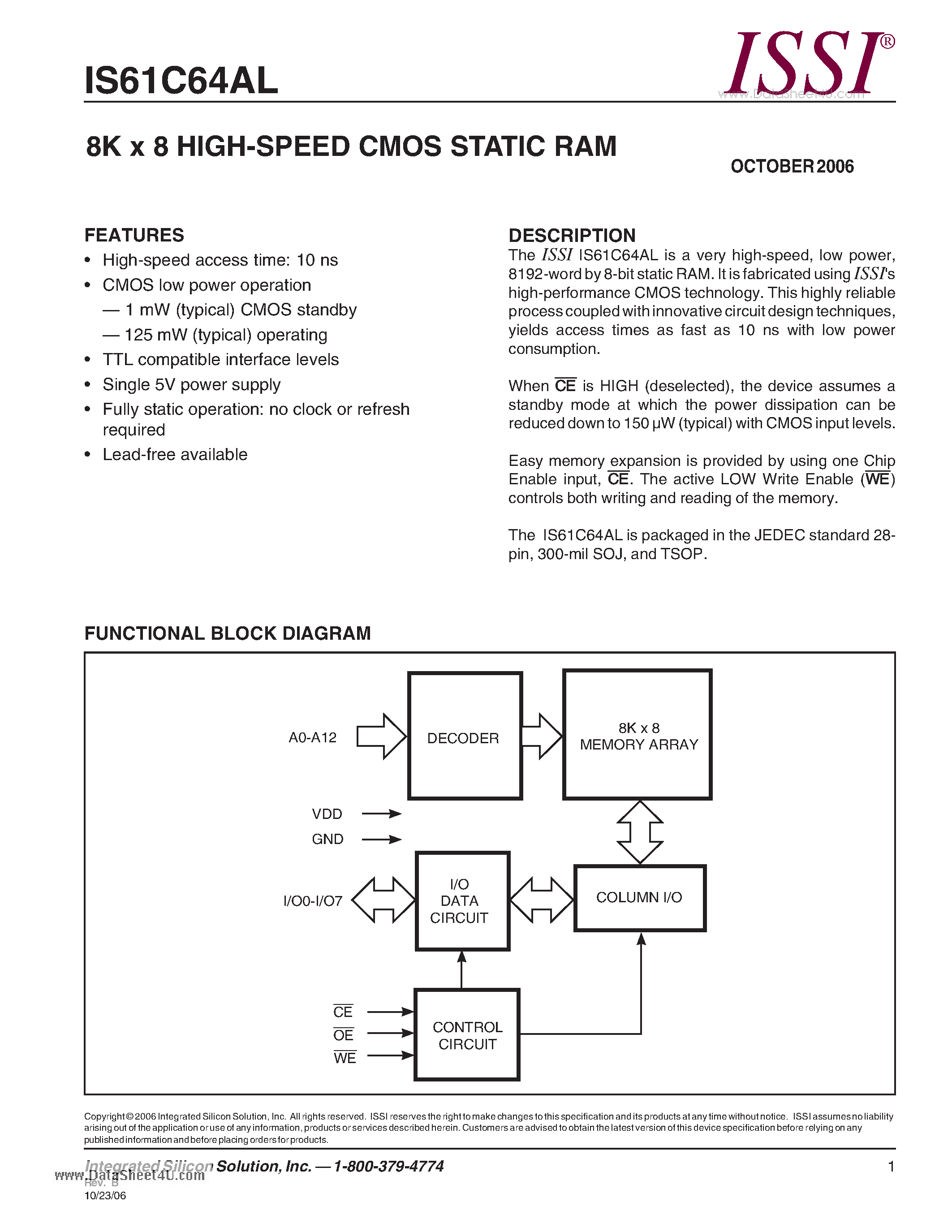 Даташит IS61C64AL - 8K x 8 HIGH-SPEED CMOS STATIC RAM страница 1