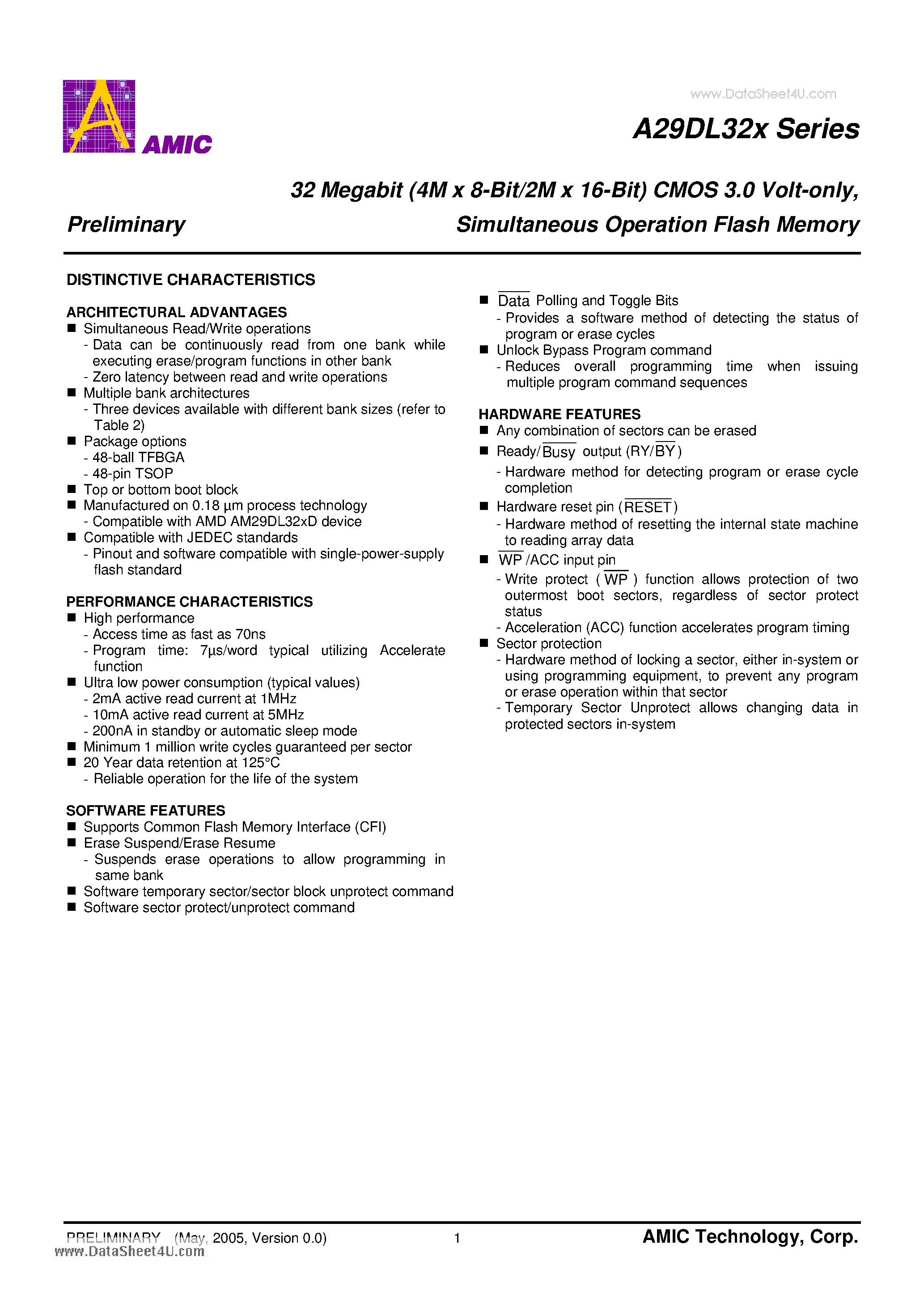 Datasheet A29DL32X - 32 Megabit (4M x 8-Bit/2M x 16-Bit) CMOS 3.0 Volt-only a Simultaneous Operation Flash Memory page 2