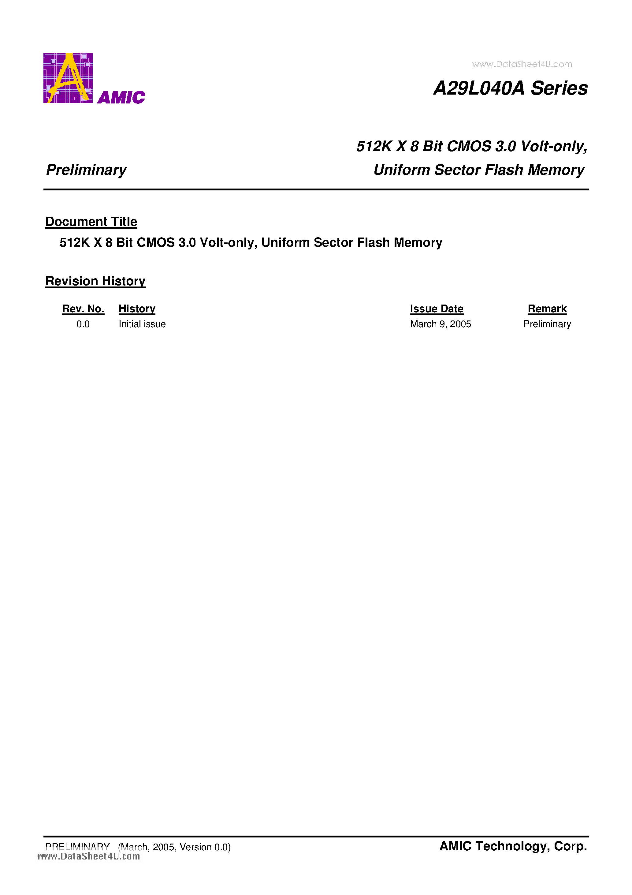Datasheet A29L040A - 512K X 8 Bit CMOS 3.0 Volt-only Uniform Sector Flash Memory page 1