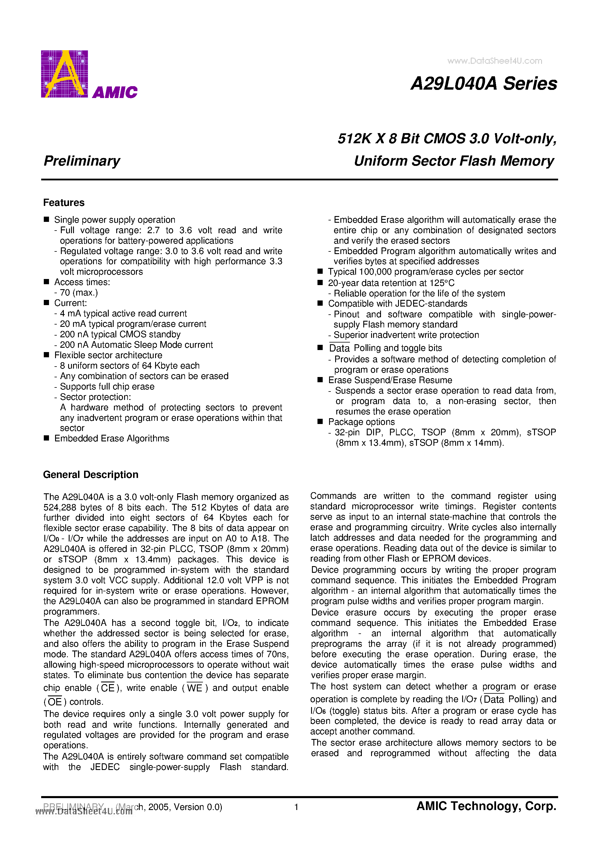 Datasheet A29L040A - 512K X 8 Bit CMOS 3.0 Volt-only Uniform Sector Flash Memory page 2