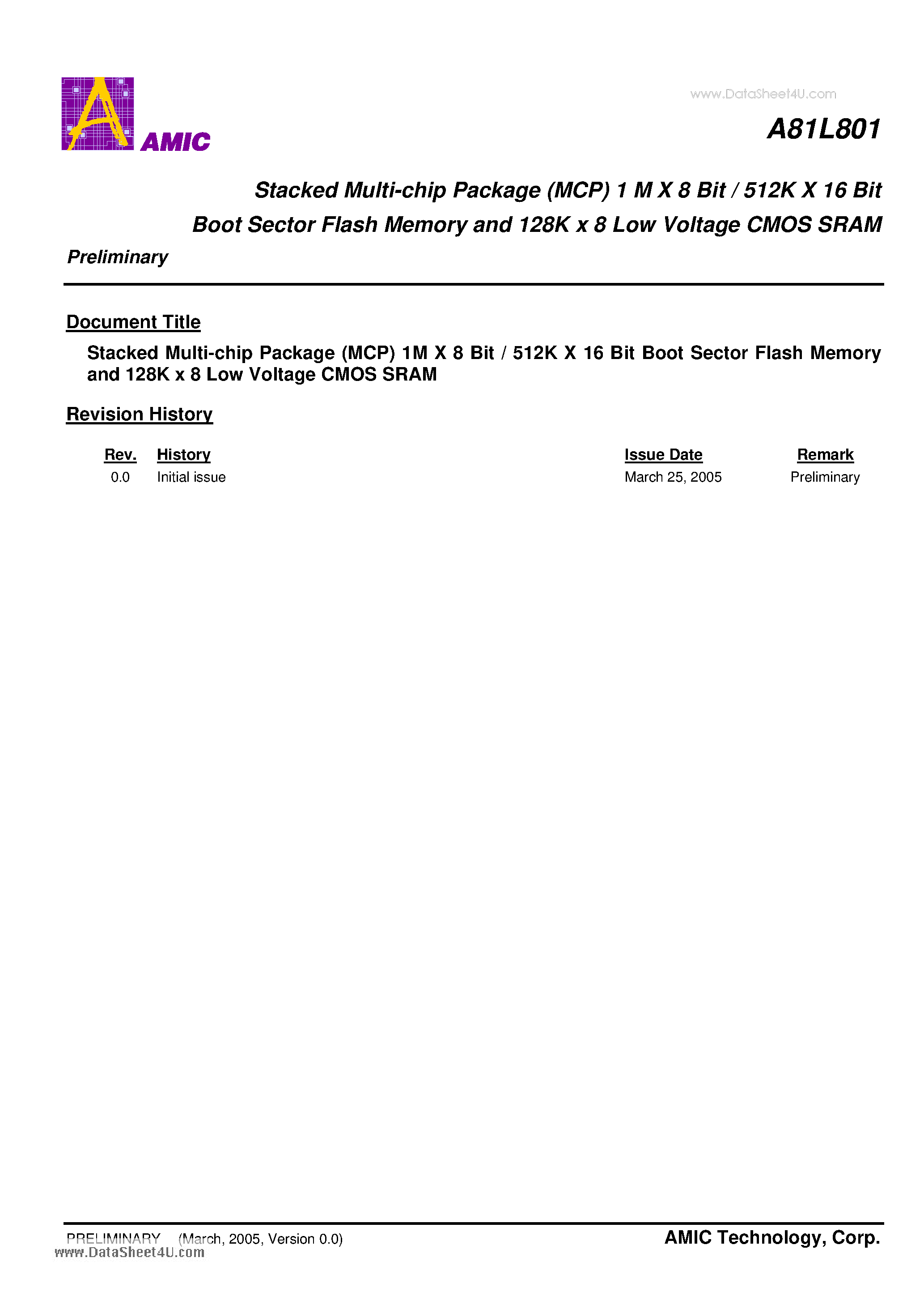 Datasheet A81L801 page 1 Datasheet A81L801 - Stacked Multi-chip Package page 1
