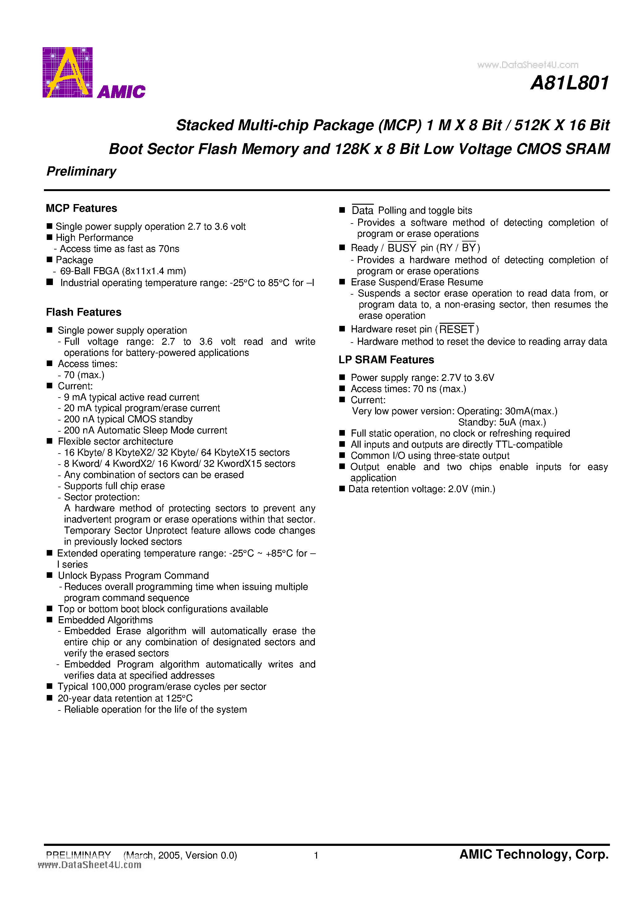 Datasheet A81L801 page 2 Datasheet A81L801 - Stacked Multi-chip Package page 2