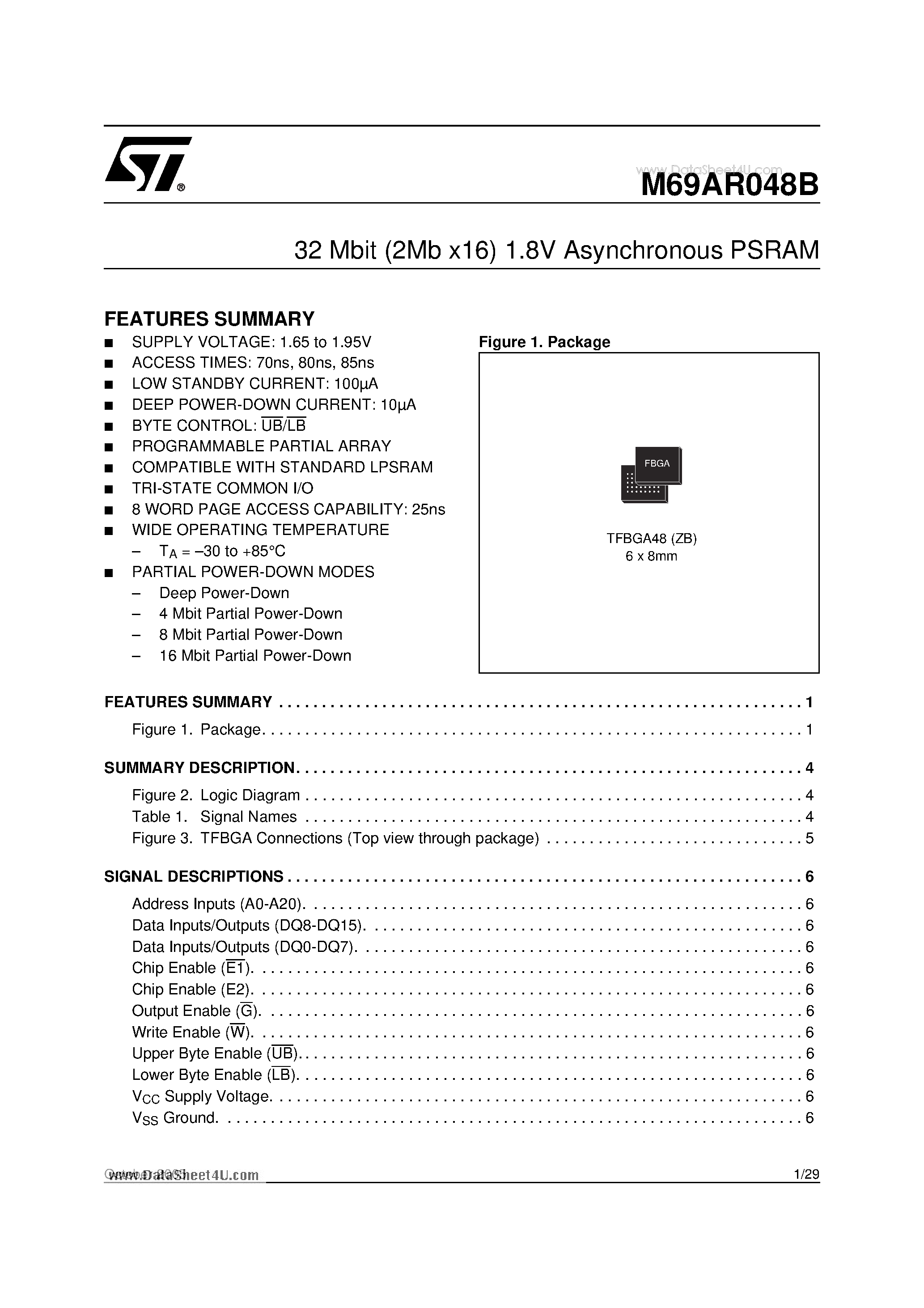 Datasheet M69AR048B - 32 Mbit (2Mb x16) 1.8V Asynchronous PSRAM page 1