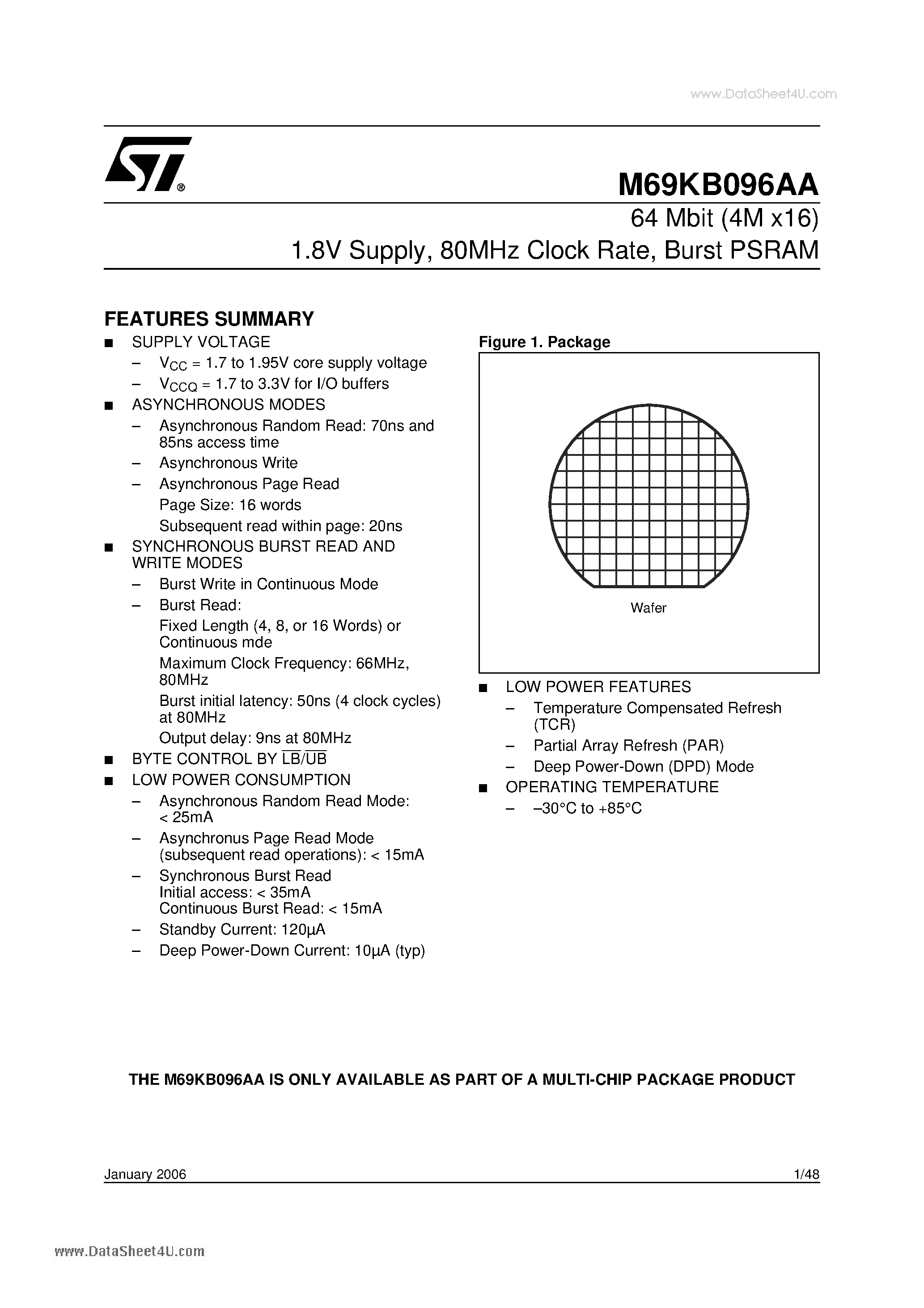 Datasheet M69KB096AA - 64 Mbit (4M x16) 1.8V Supply 80MHz Clock Rate - Burst PSRAM page 1