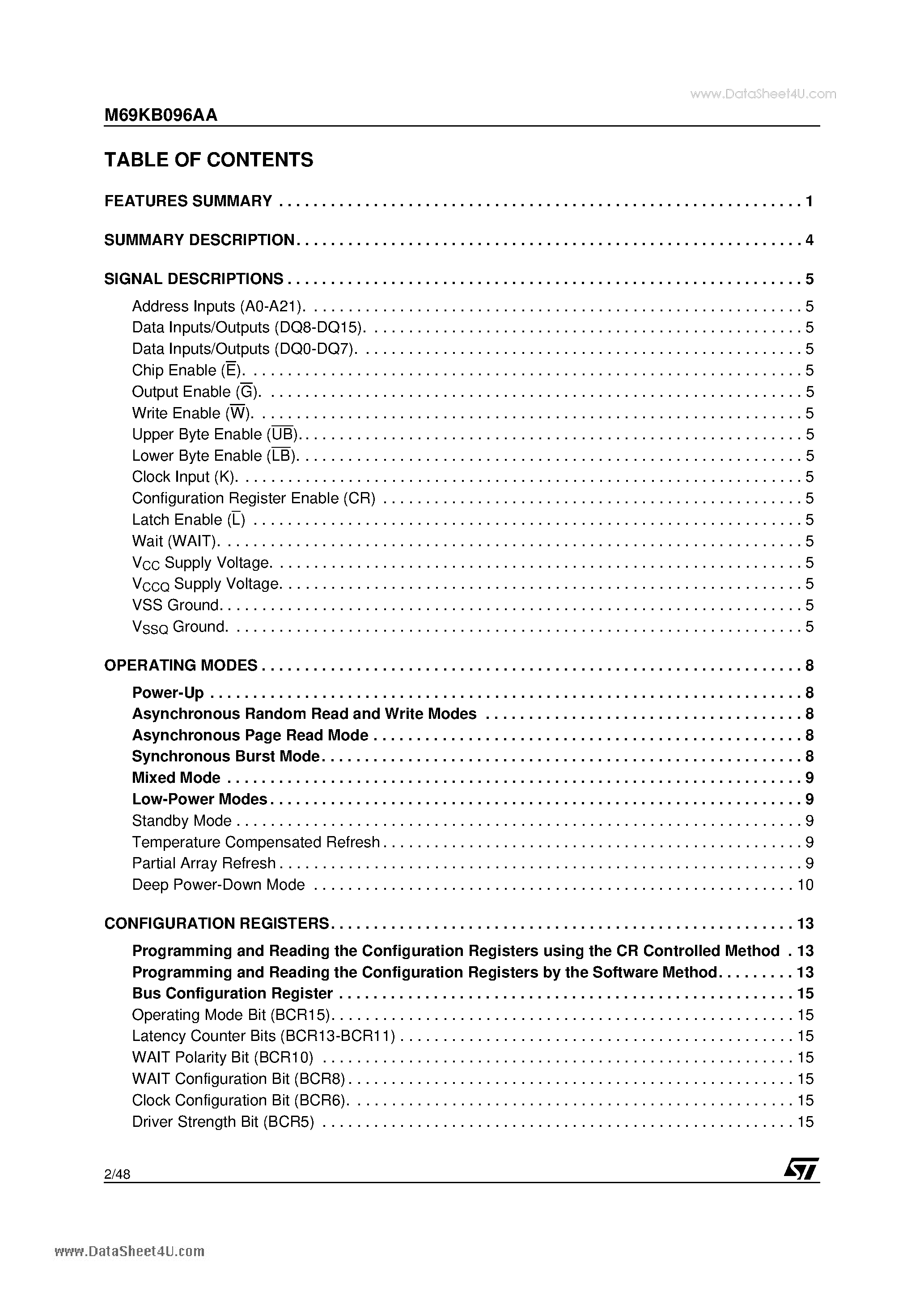 Datasheet M69KB096AA - 64 Mbit (4M x16) 1.8V Supply 80MHz Clock Rate - Burst PSRAM page 2