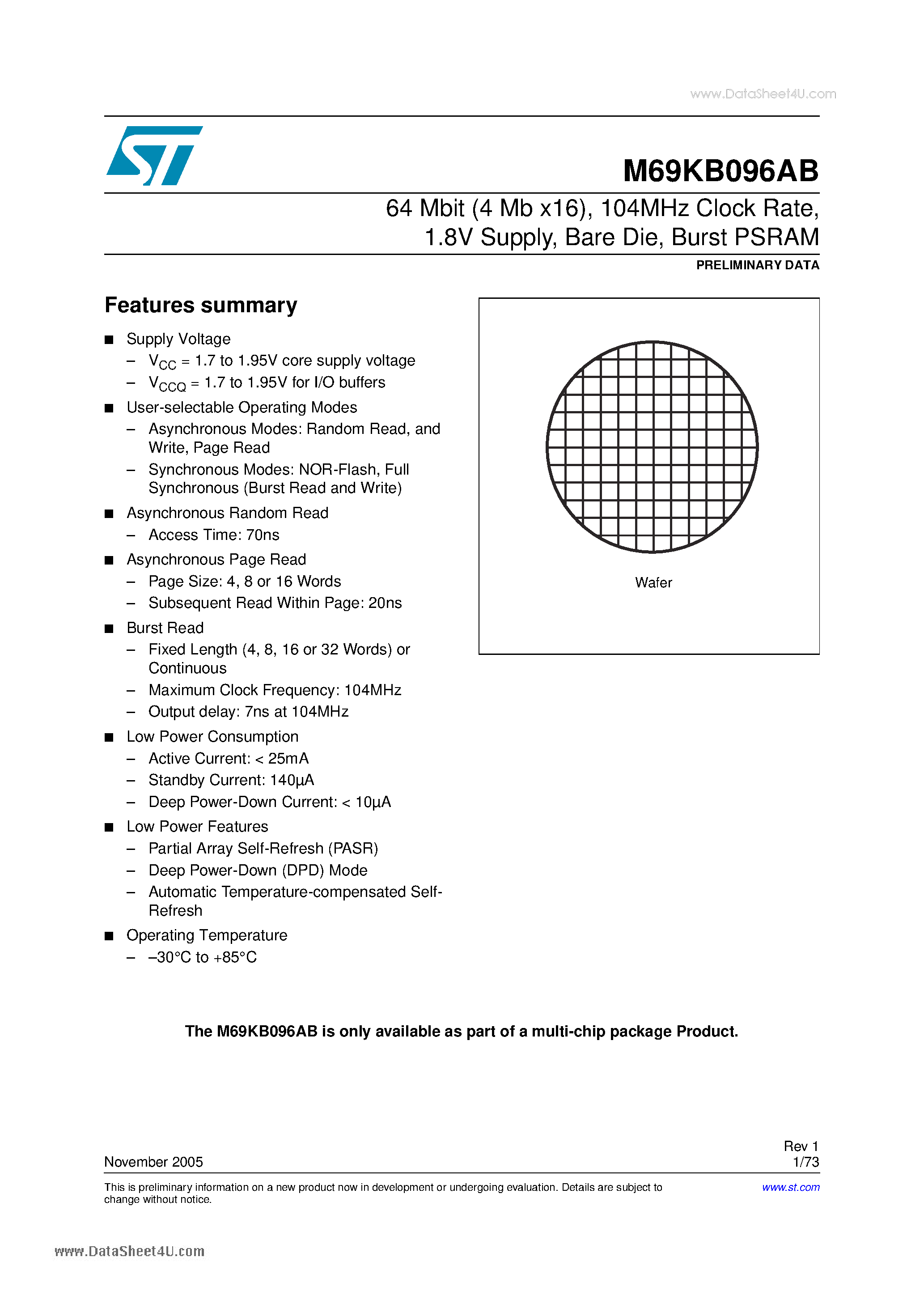 Datasheet M69KB096AB - 64 Mbit (4Mb x 16)/ 104MHz Clock Rate 1.8V Supply - Bare Die Burst PSRAM page 1