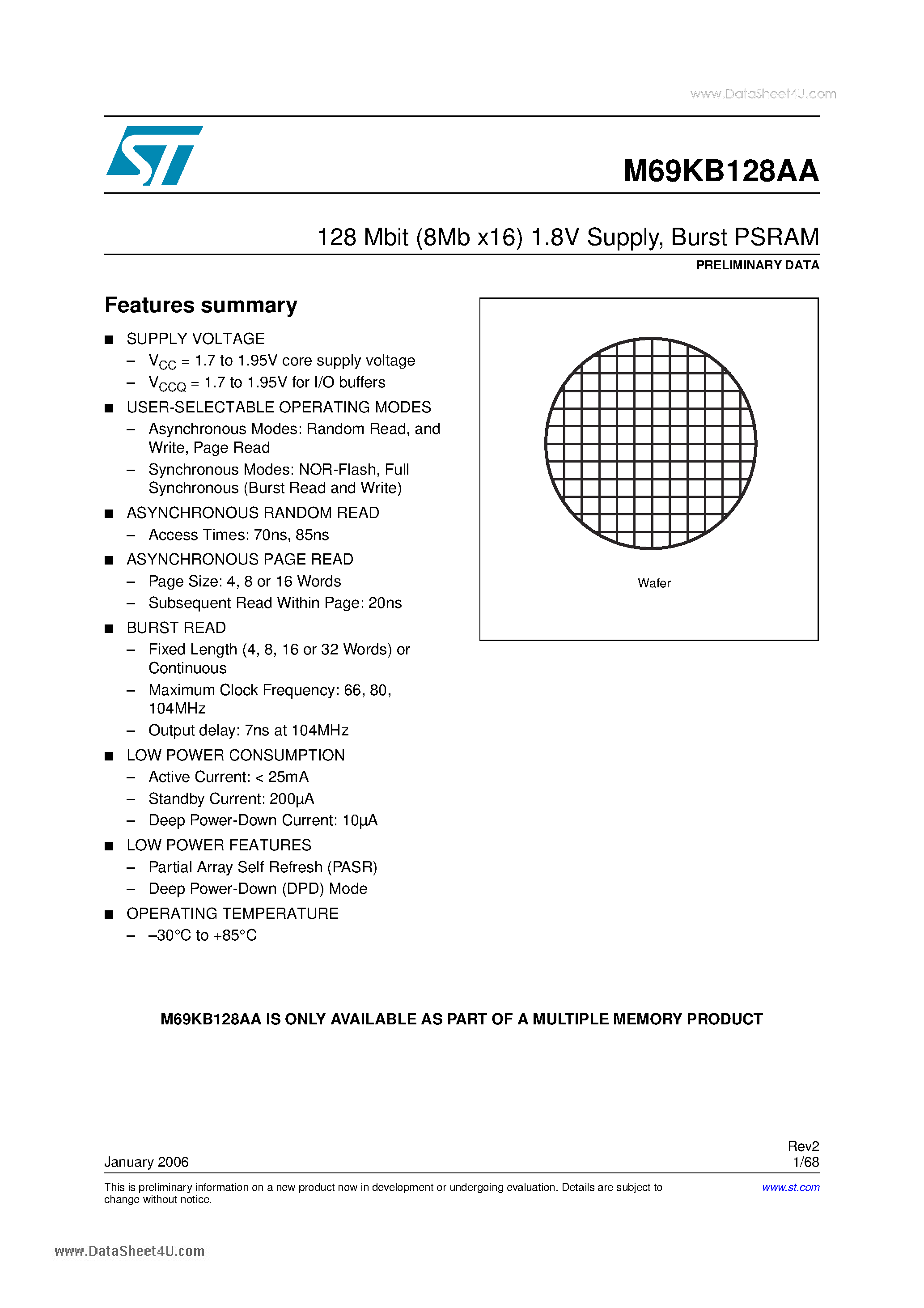 Datasheet M69KB128AA - 128 Mbit (8Mb x16) 1.8V Supply Burst PSRAM page 1