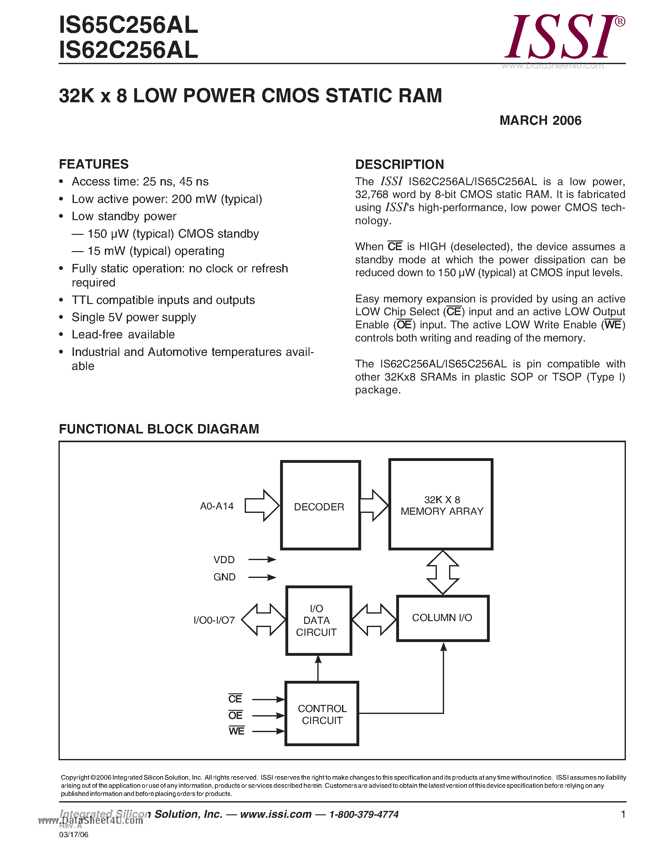 Даташит IS62C256AL - 32K x 8 LOW POWER CMOS STATIC RAM страница 1