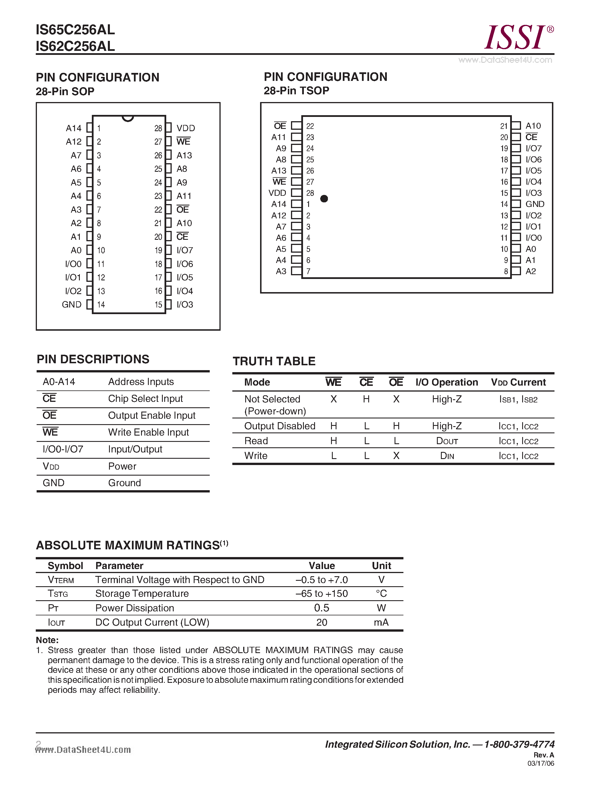 Даташит IS62C256AL - 32K x 8 LOW POWER CMOS STATIC RAM страница 2