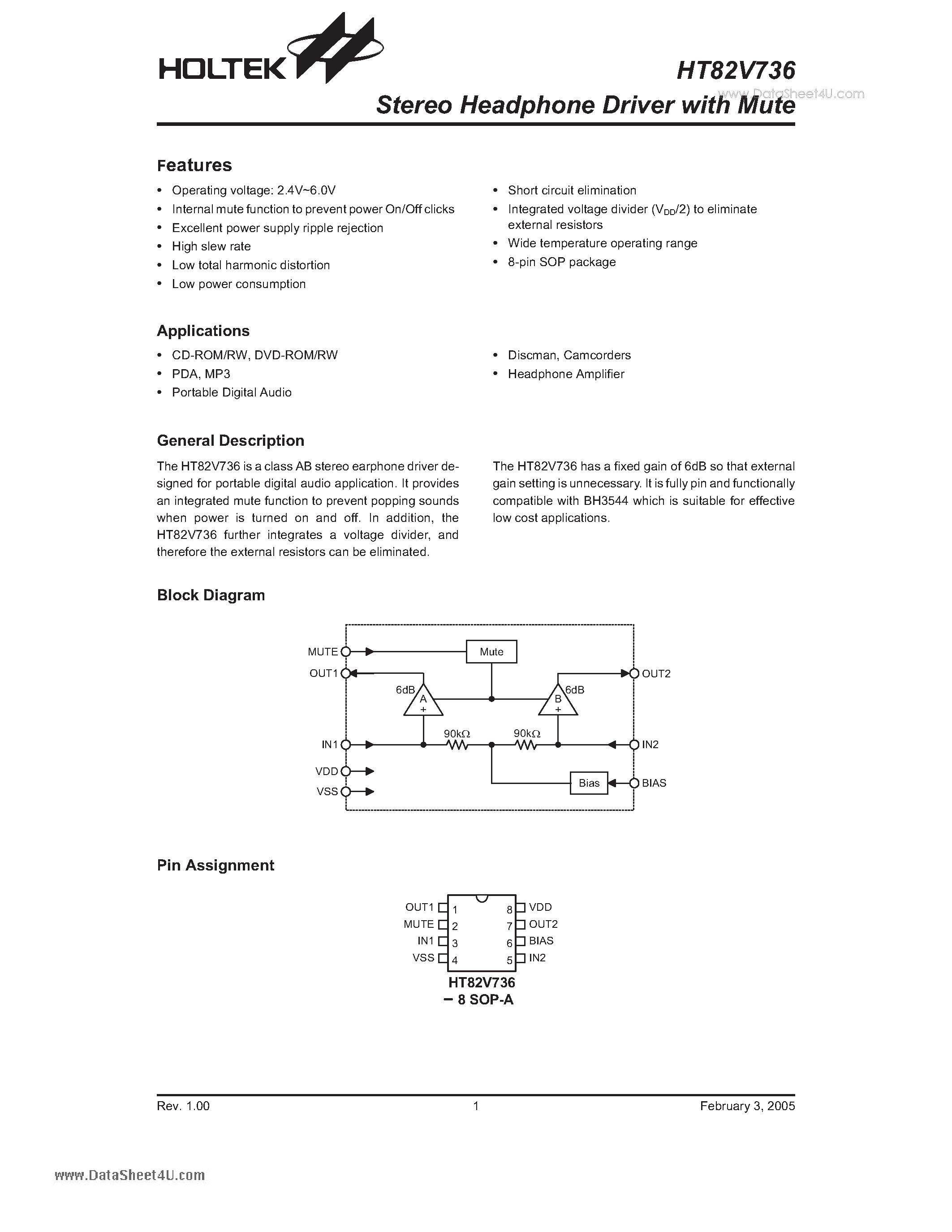 Даташит HT82V736 - Stereo Headphone Driver страница 1