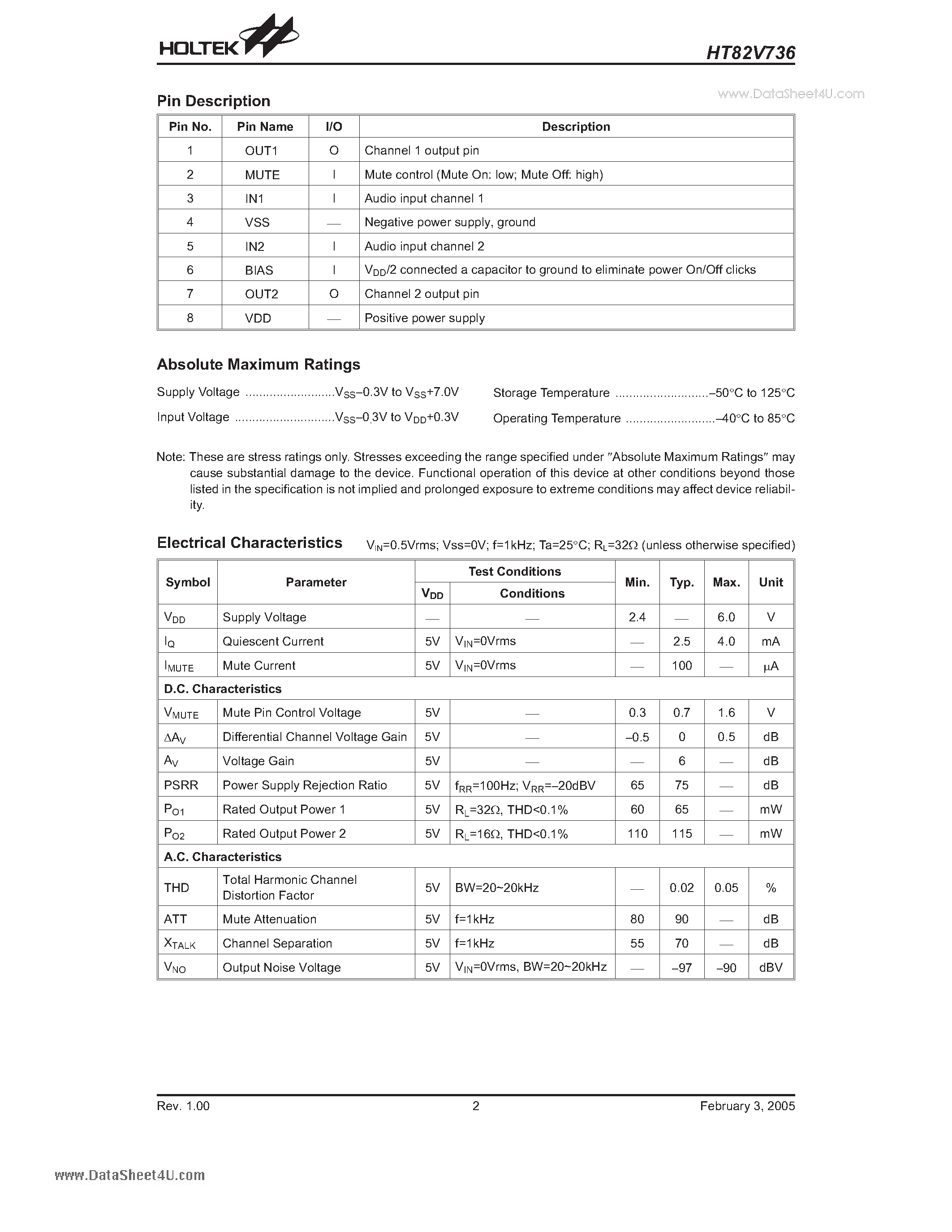 Даташит HT82V736 - Stereo Headphone Driver страница 2