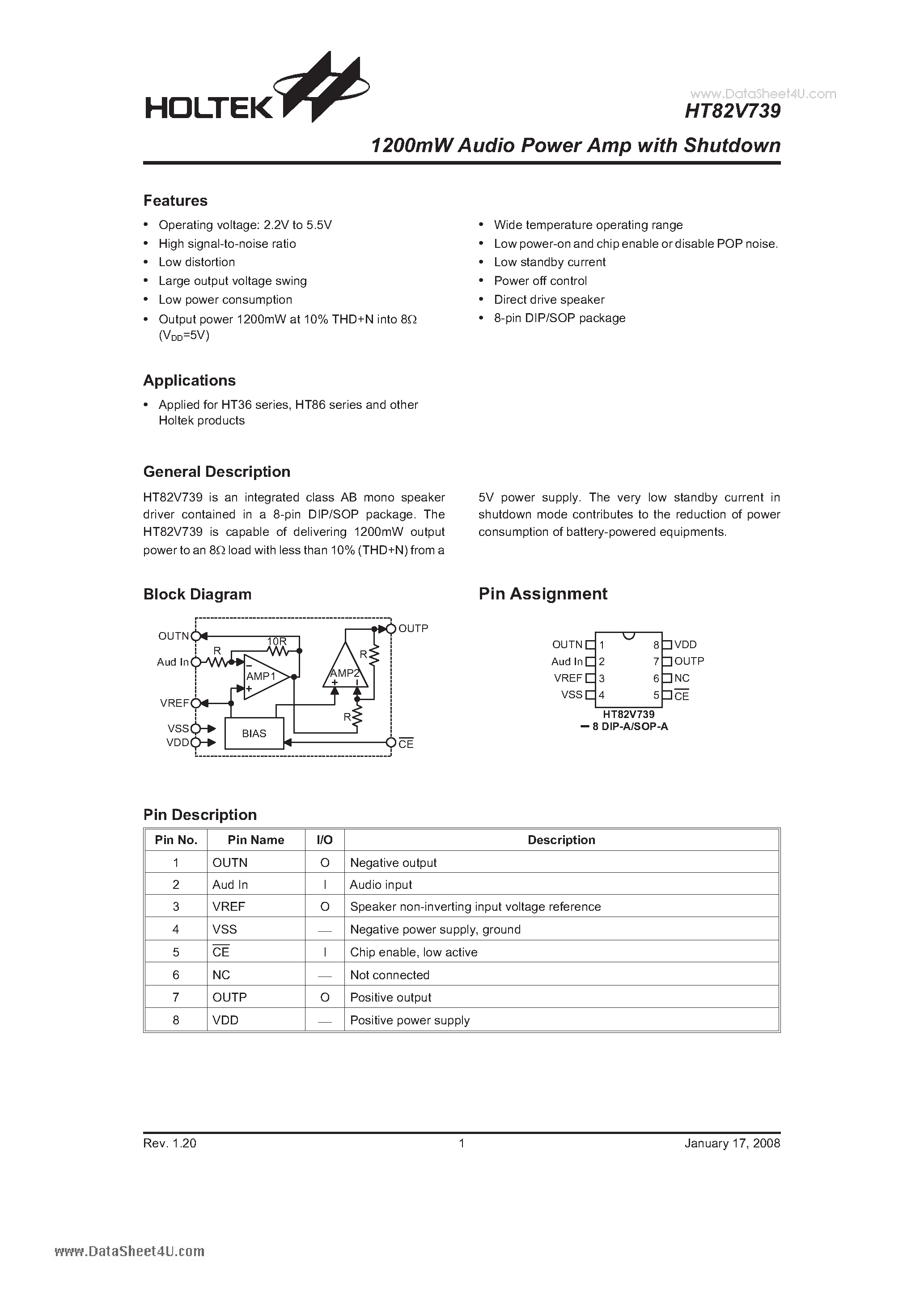 Даташит на микросхему HT82V739 страница 1 Даташит HT82V739 - 1200mW Audio Power Amp with Shutdown страница 1