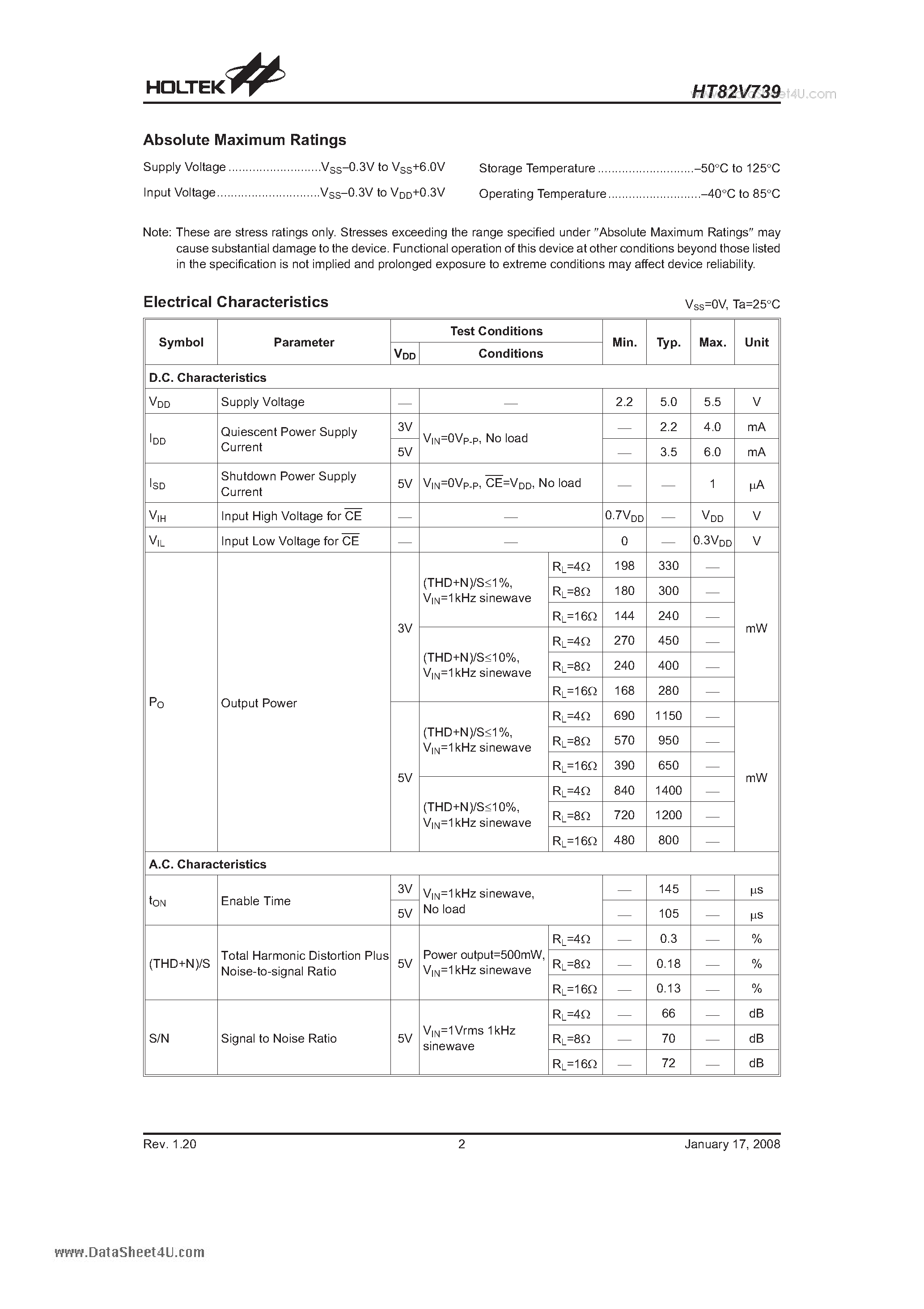 Даташит на микросхему HT82V739 страница 2 Даташит HT82V739 - 1200mW Audio Power Amp with Shutdown страница 2