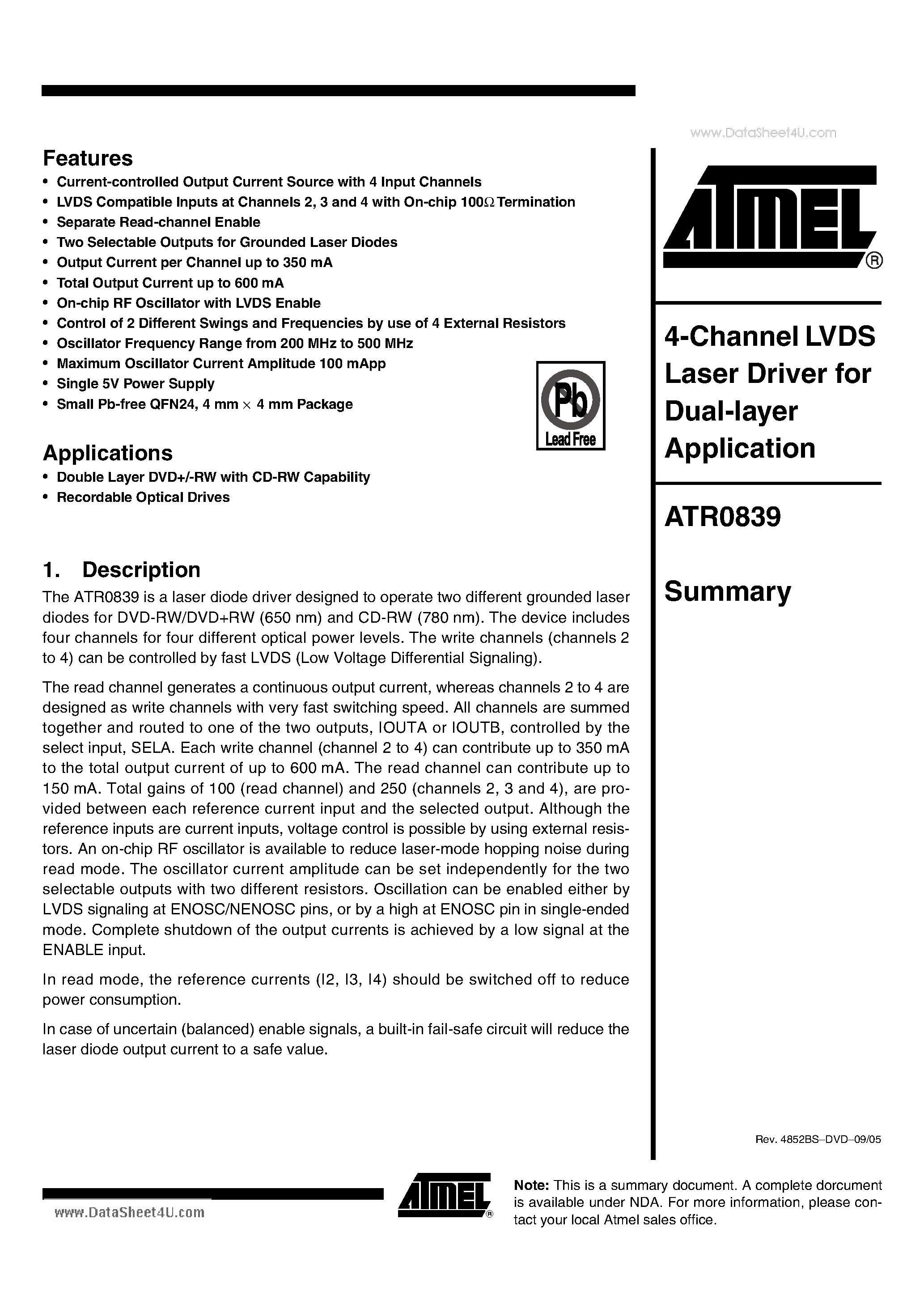 Datasheet ATR0839 - 4-Channel LVDS Laser Driver for Dual-layer Application page 1