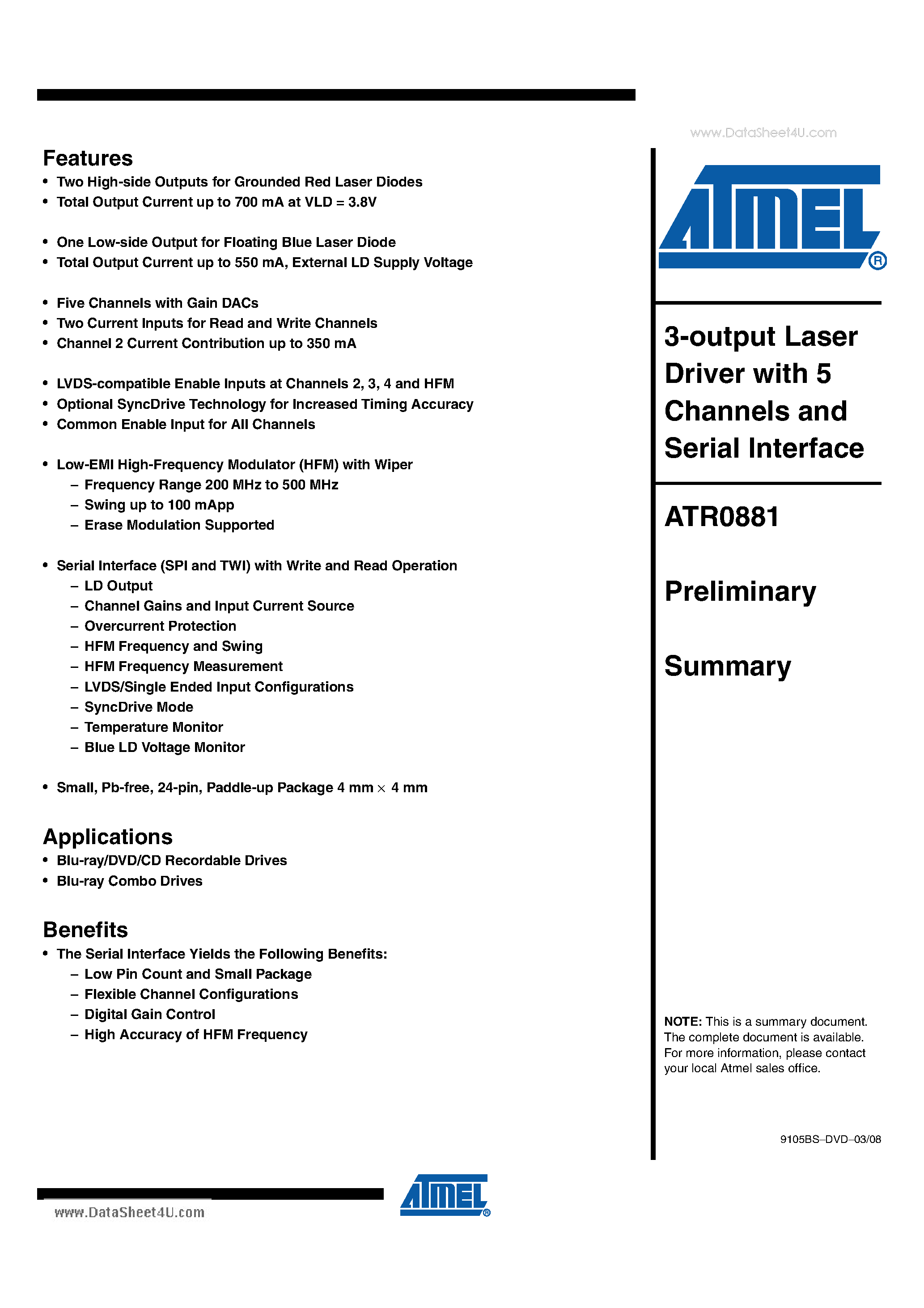 Datasheet ATR0881 - 3-output Laser Driver with 5 Channels and Serial Interface page 1