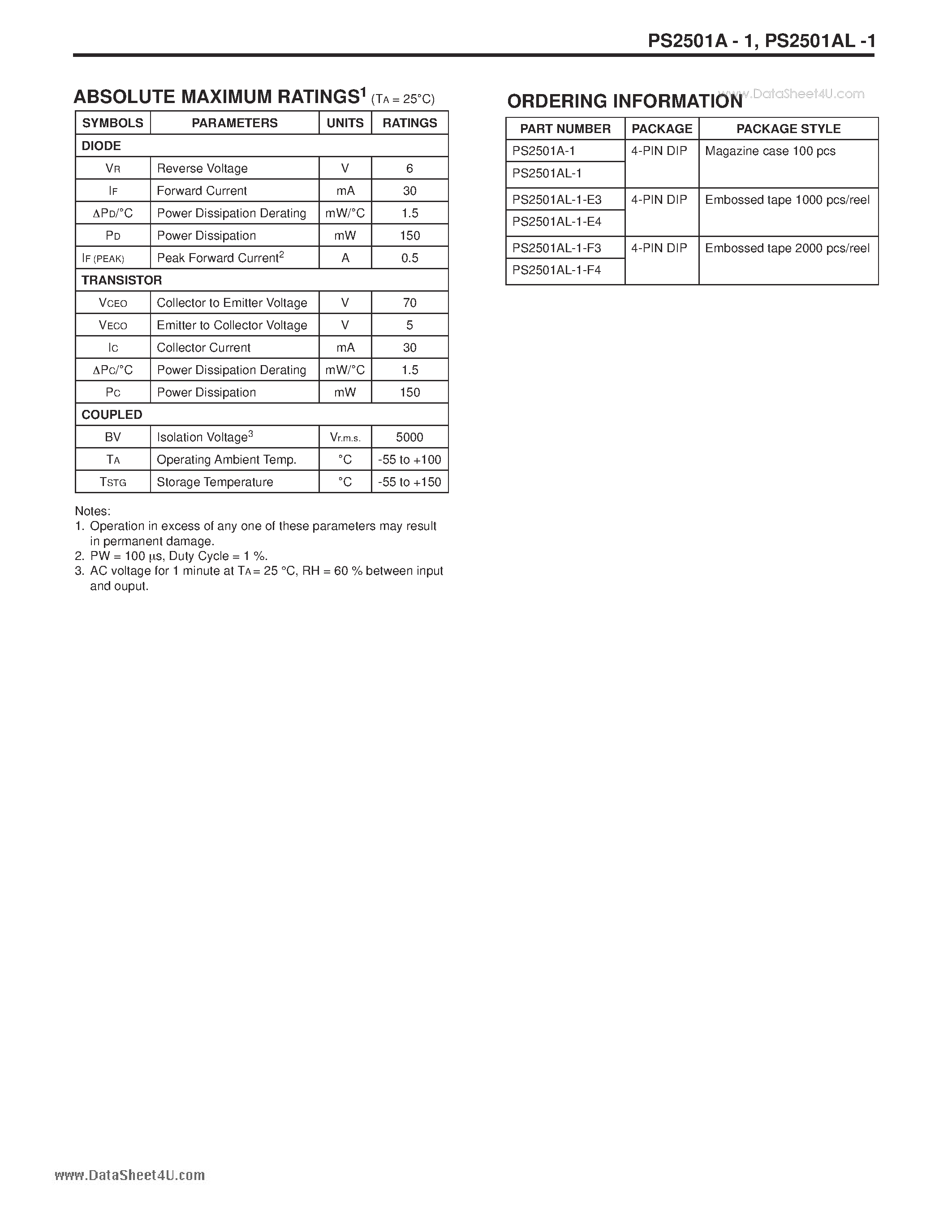 Datasheet PS2501A page 2 Datasheet PS2501A - NECs HIGH ISOLATION VOLTAGE SINGLE TRANSISTOR TYPE PHOTOCOUPLER SERIES page 2