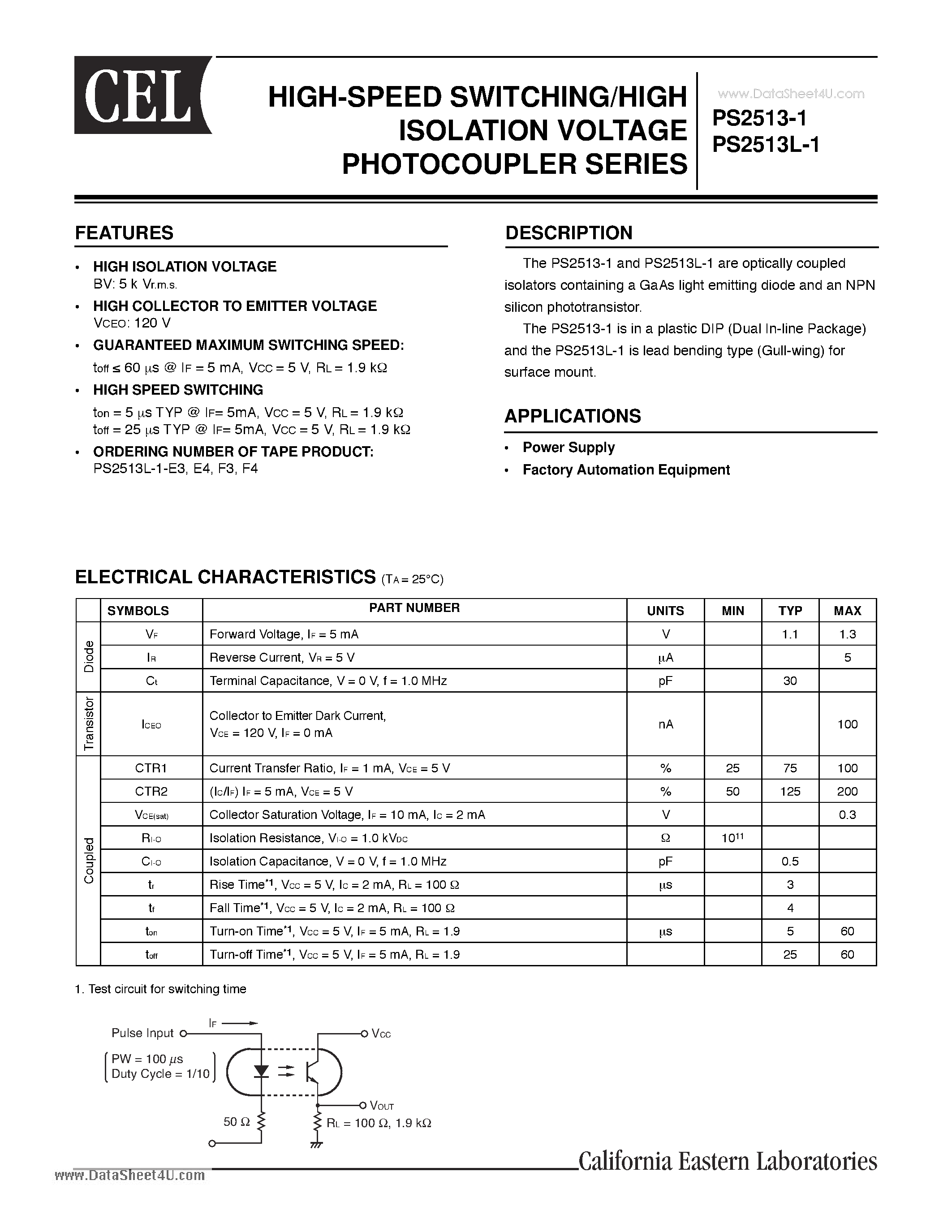 Datasheet PS2513-1 - HIGH-SPEED SWITCHING/HIGH ISOLATION VOLTAGE PHOTOCOUPLER SERIES page 1
