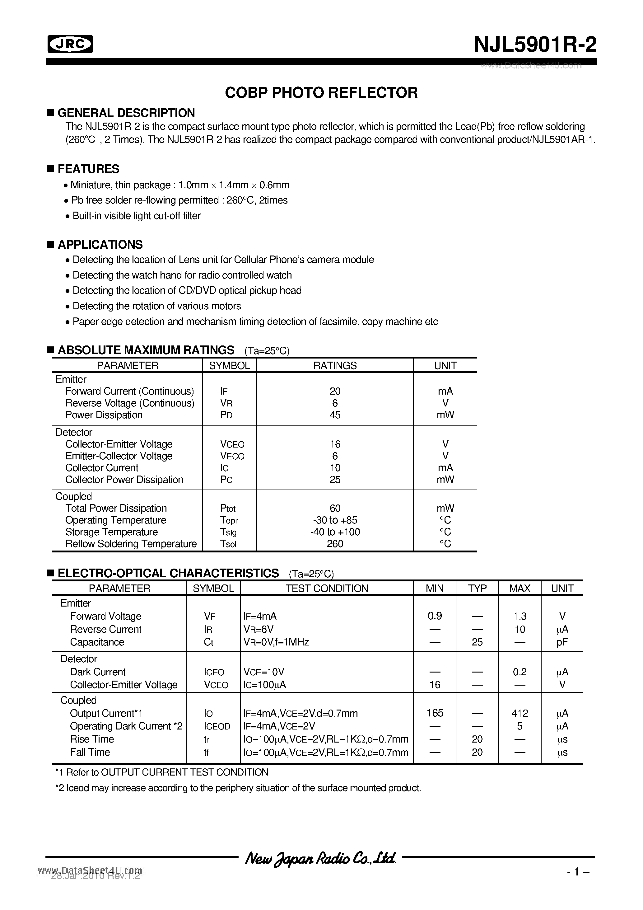 Datasheet NJL5901R-2 - COBP PHOTO REFLECTOR page 1