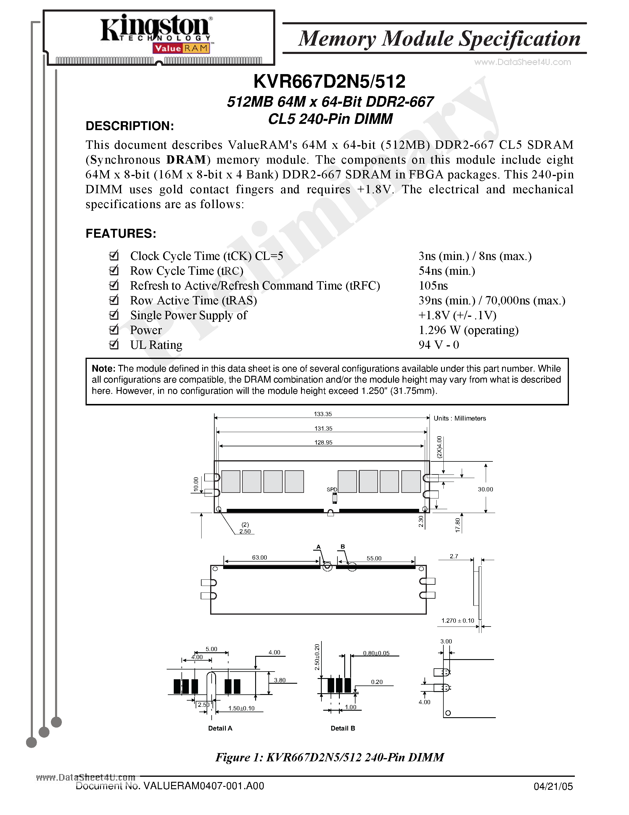 Даташит KVR667D2N5/512 - 512MB 64M x 64-Bit DDR2-667 CL5 240-Pin DIMM страница 1