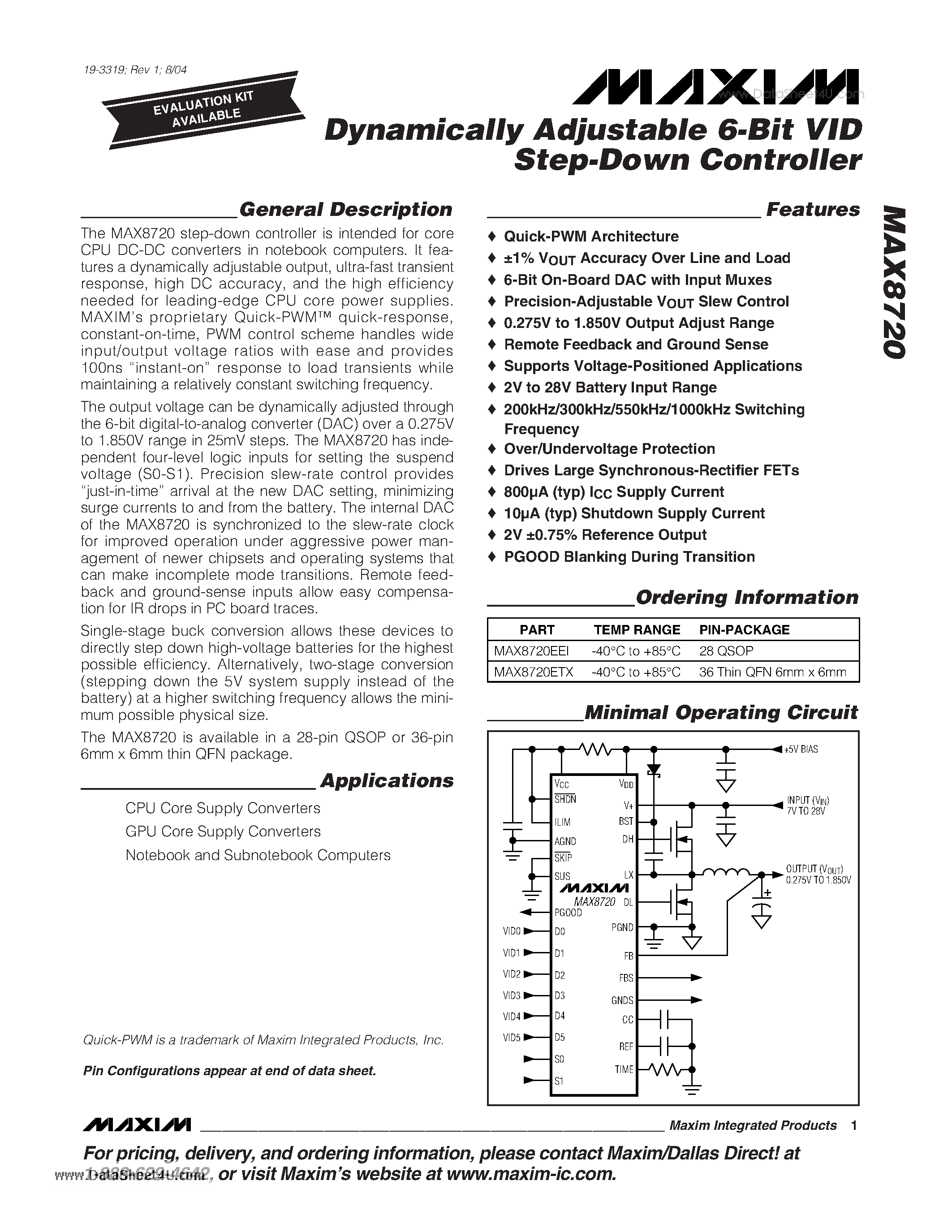 Datasheet MAX8720 - Dynamically Adjustable 6-Bit VID Step-Down Controller page 1