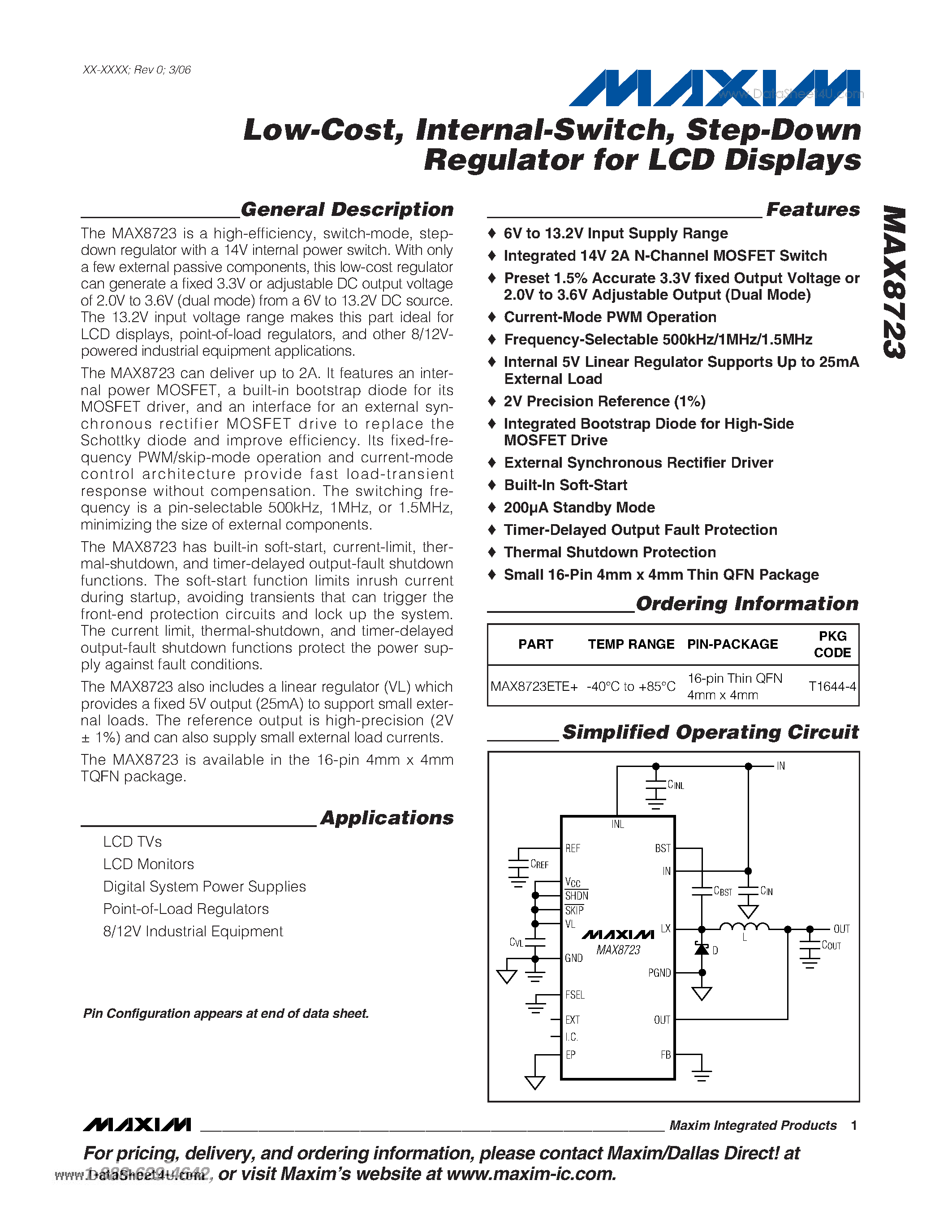 Datasheet MAX8723 - Low-Cost & Internal-Switch - Step-Down Regulator for LCD Displays page 1