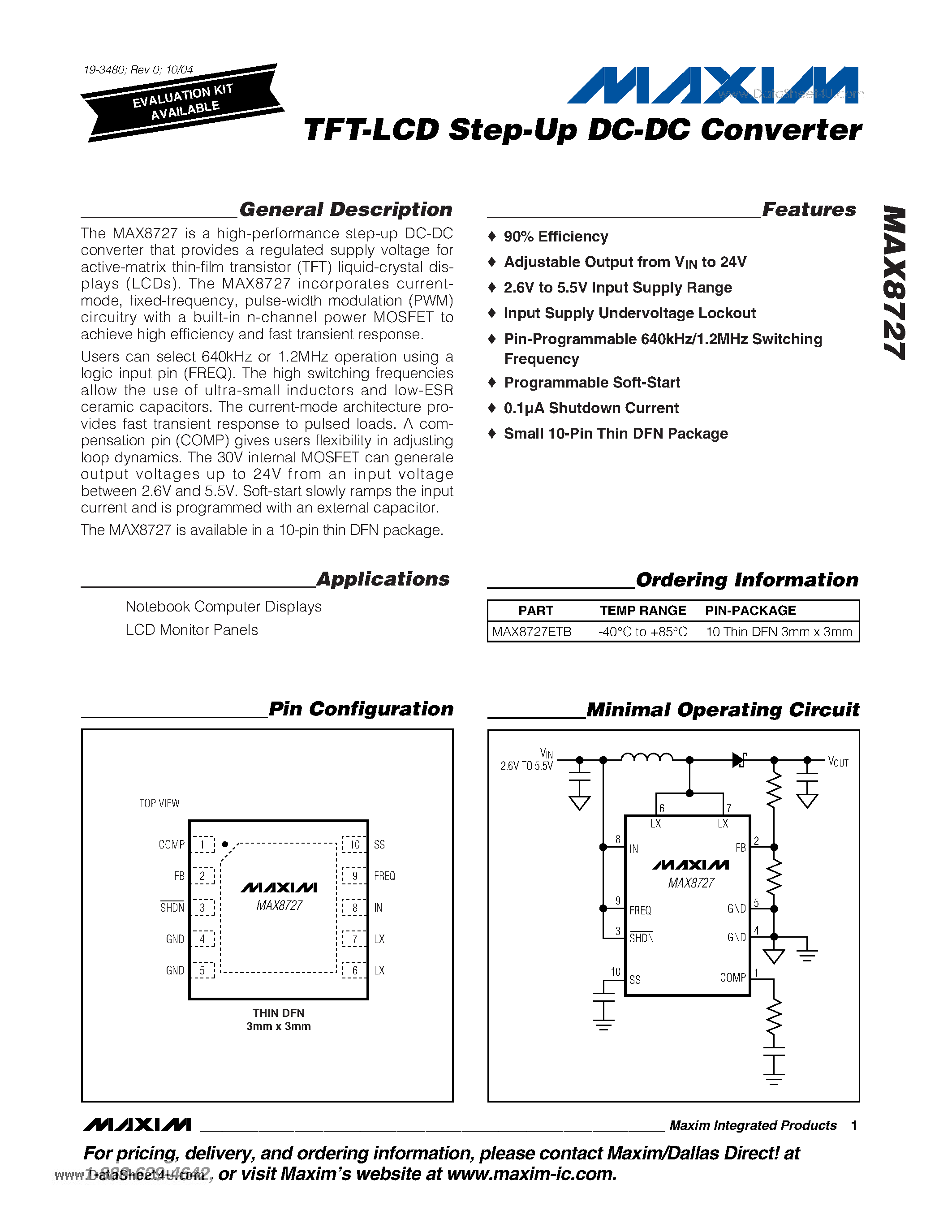 Datasheet MAX8727 - TFT-LCD Step-Up DC-DC Converter page 1
