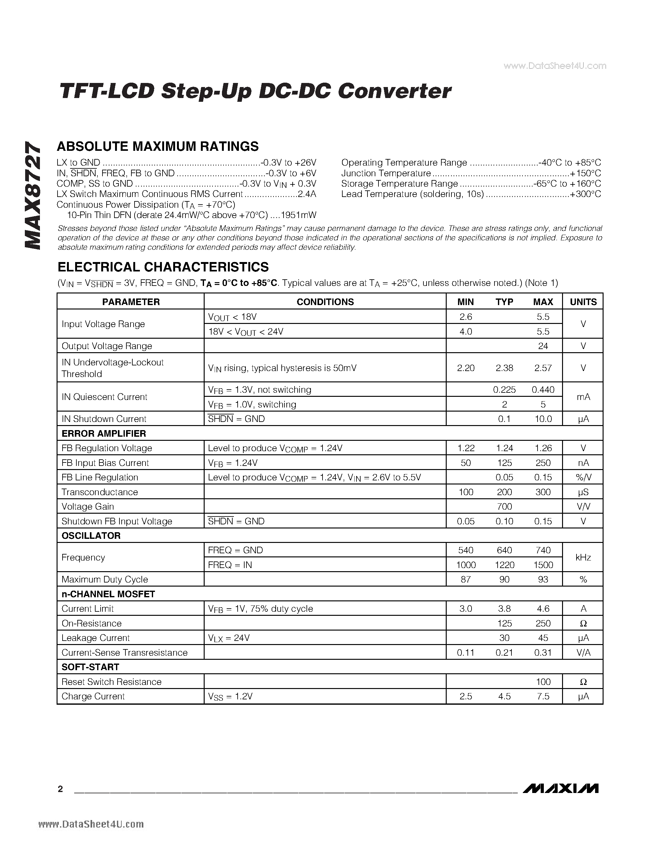 Datasheet MAX8727 - TFT-LCD Step-Up DC-DC Converter page 2