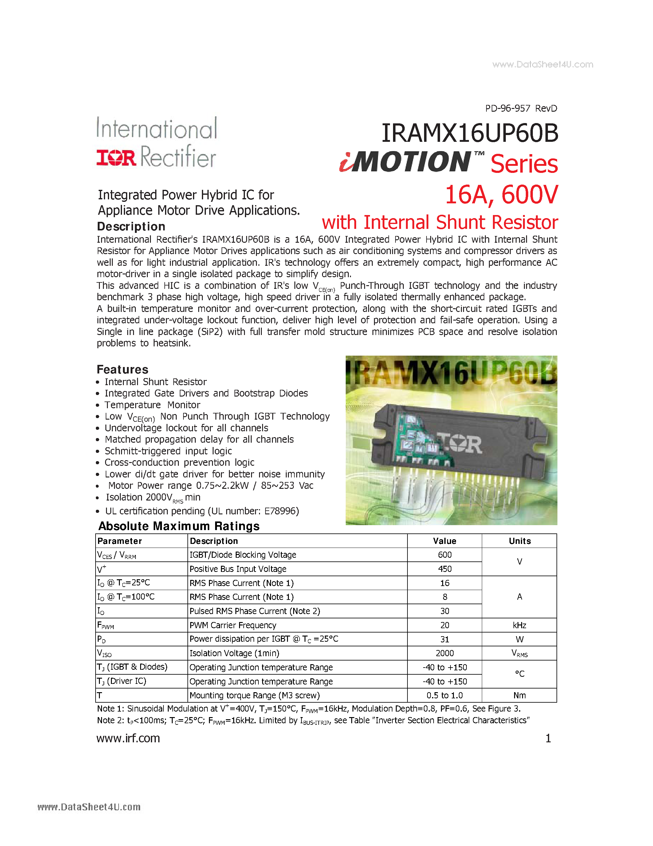 Даташит на микросхему IRAMX16UP60B страница 1 Даташит IRAMX16UP60B - Integrated Power Hybrid IC for Appliance Motor Drive Applications страница 1