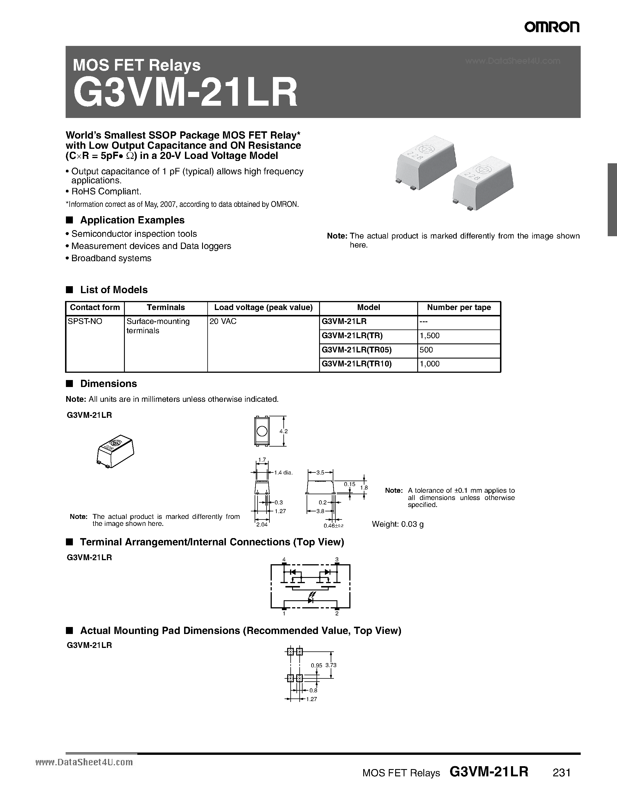 Datasheet G3VM-21LR - MOS FET Relays page 1