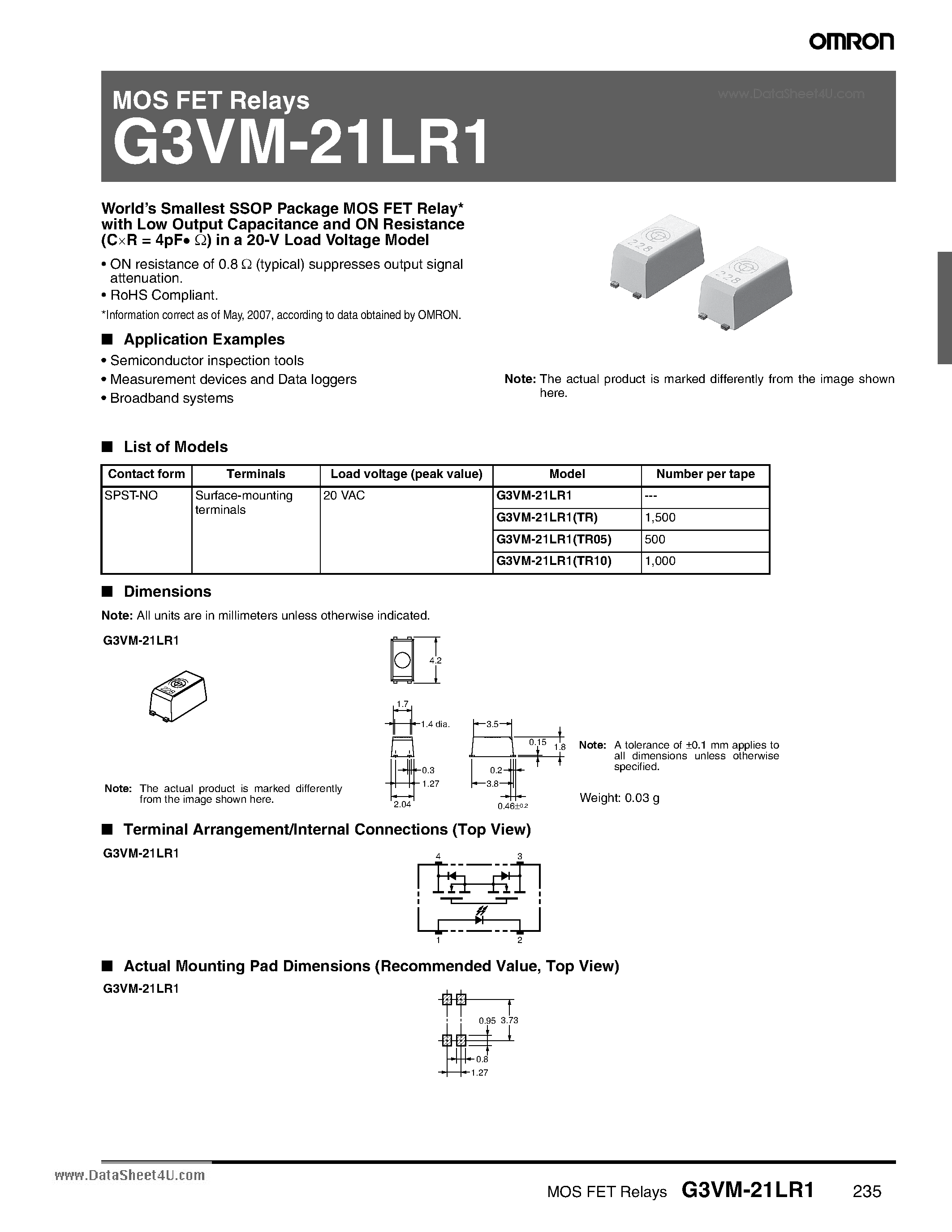 Datasheet G3VM-21LR1 page 1 Datasheet G3VM-21LR1 - MOS FET Relays page 1