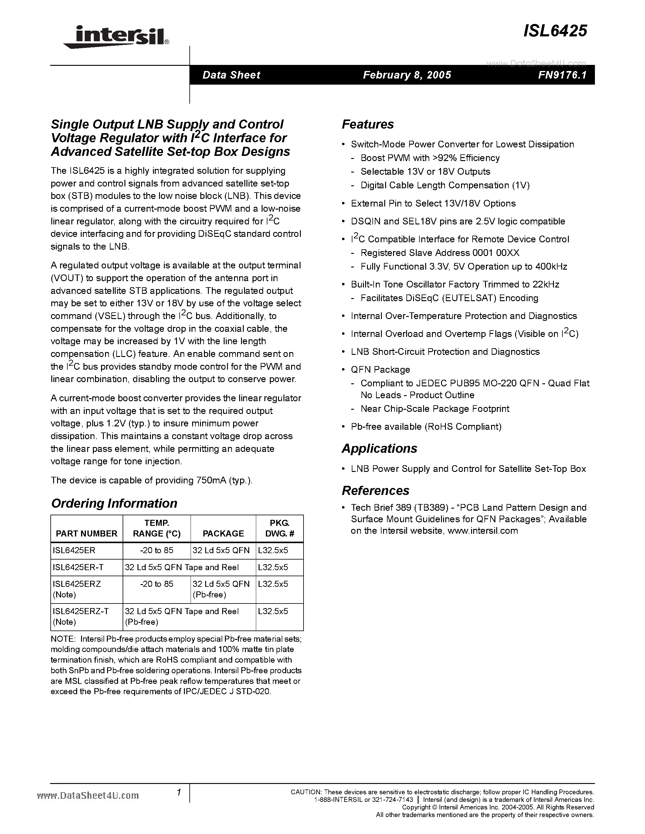 Datasheet ISL6425 - Single Output LNB Supply and Control Voltage Regulator page 1