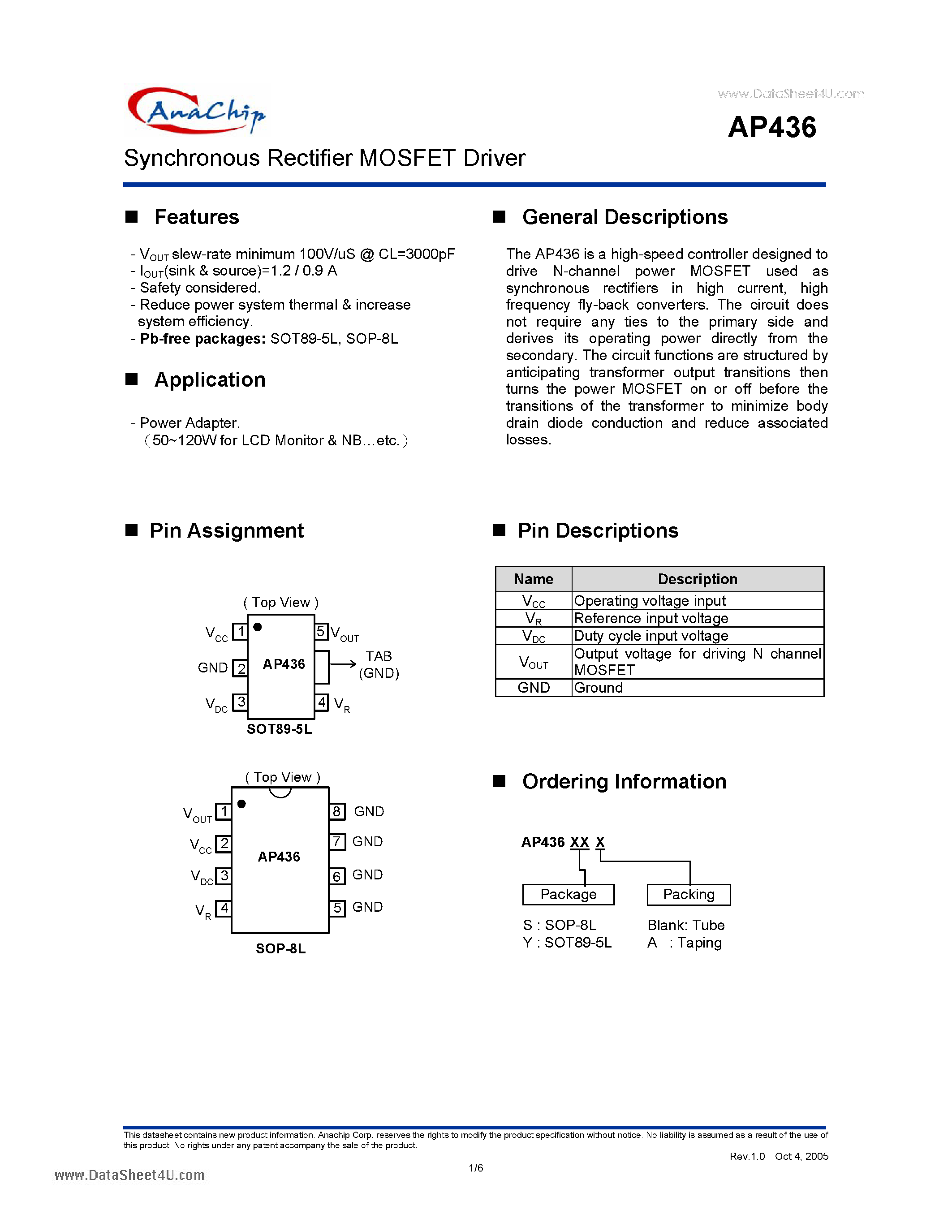 Datasheet AP436 page 1 Datasheet AP436 - Synchronous Rectifier MOSFET Driver page 1