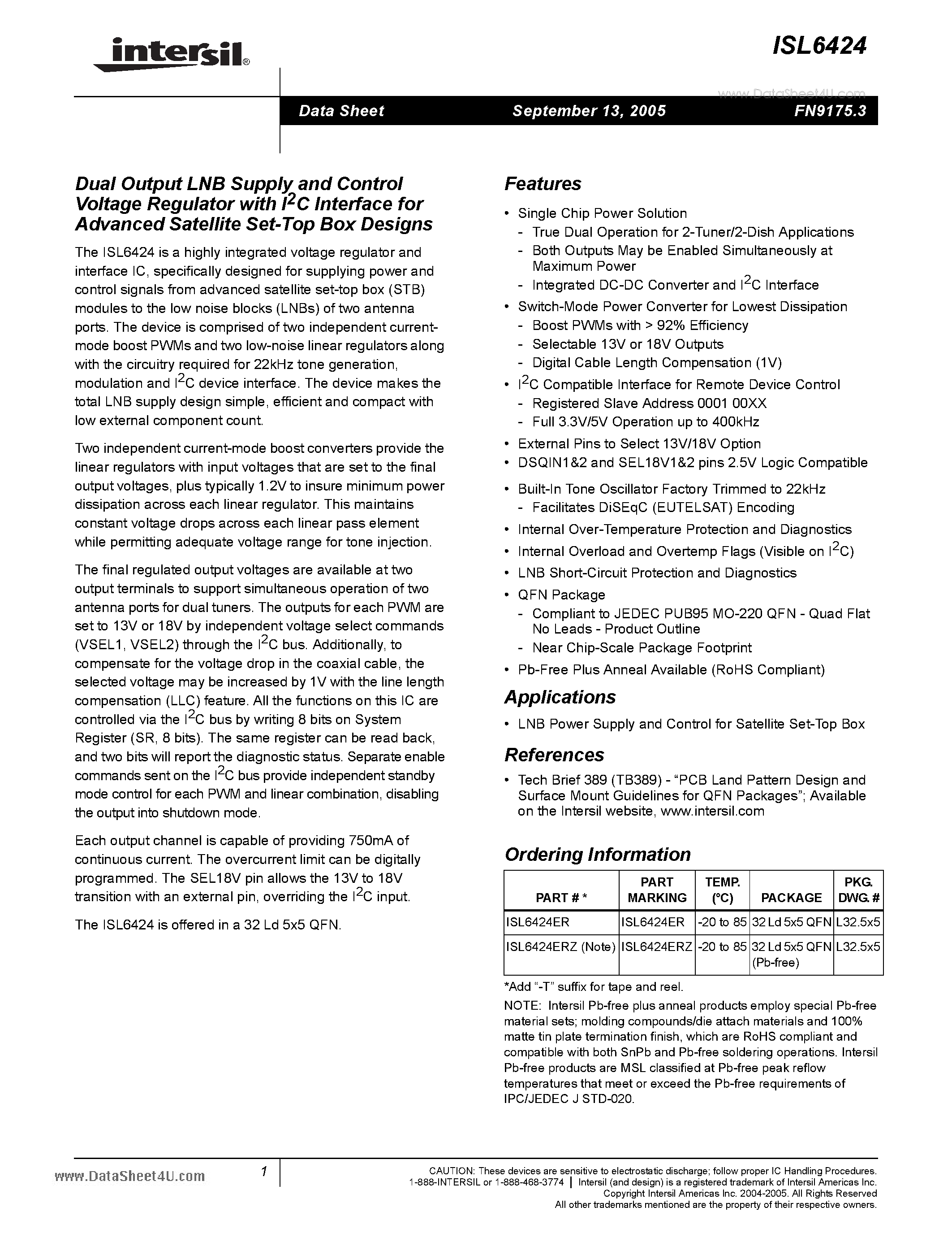 Datasheet ISL6424 - Single Output LNB Supply and Control Voltage Regulator page 1