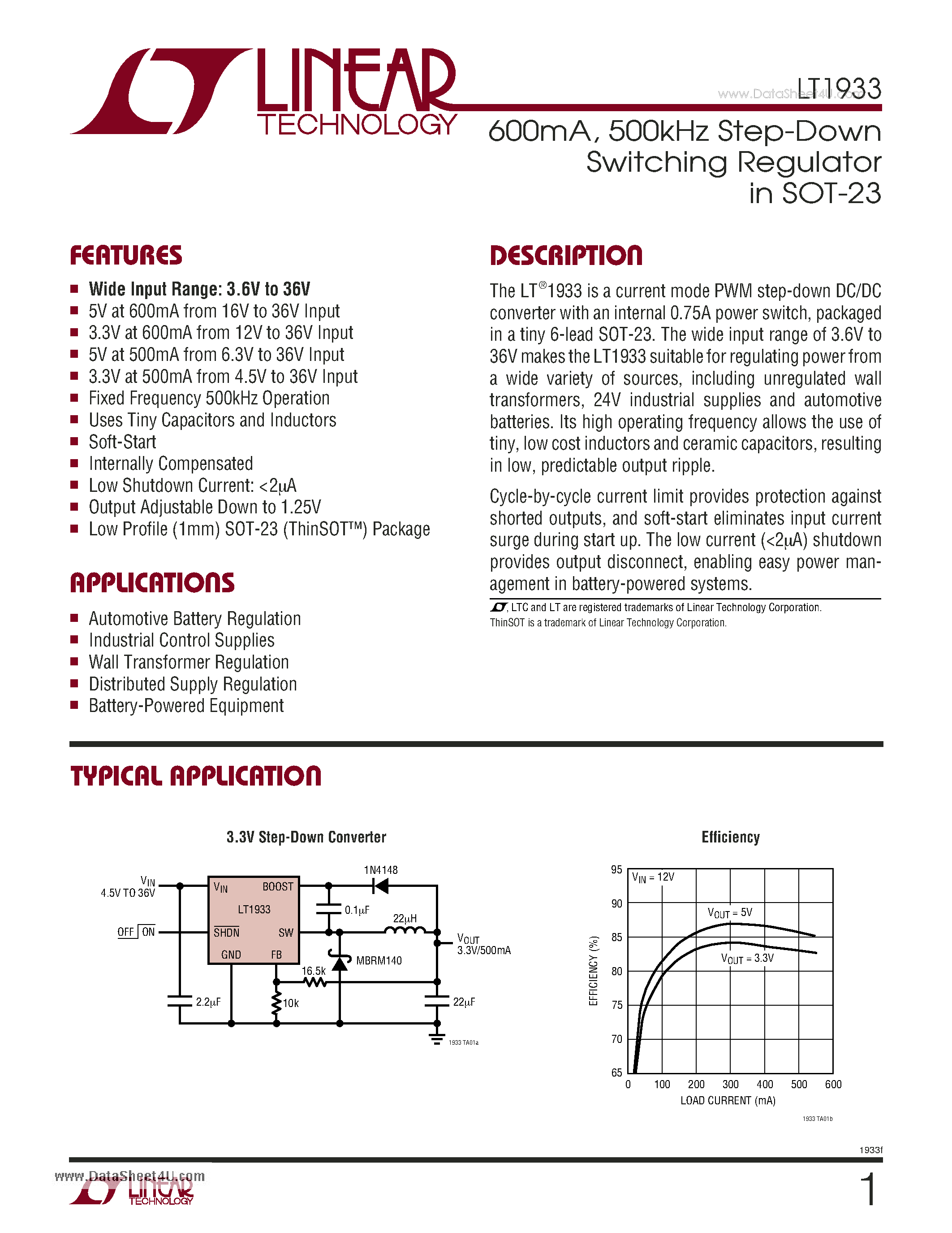 Datasheet LT1933 - 600mA 500kHz Step-Down Switching Regulator in SOT-23 page 1