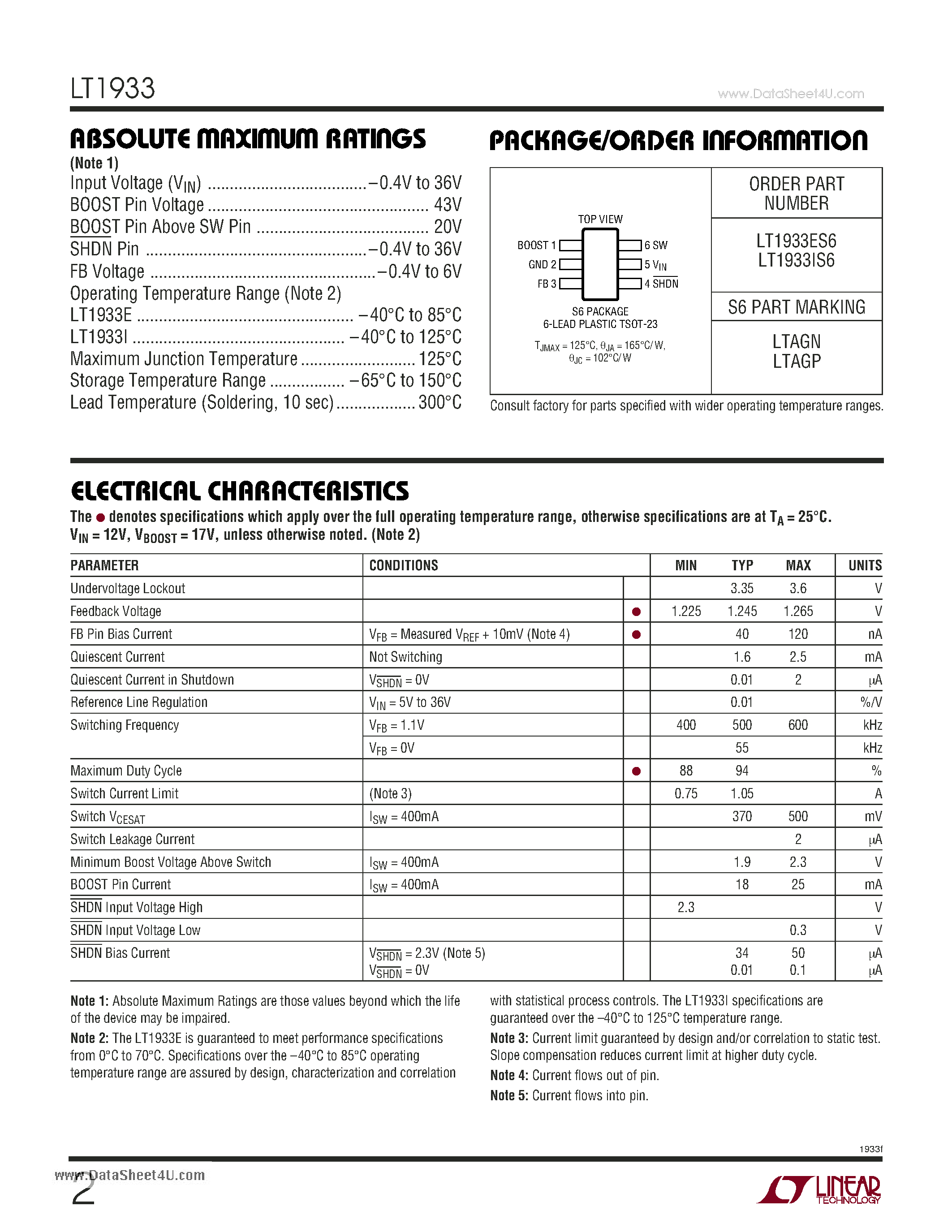 Datasheet LT1933 - 600mA 500kHz Step-Down Switching Regulator in SOT-23 page 2